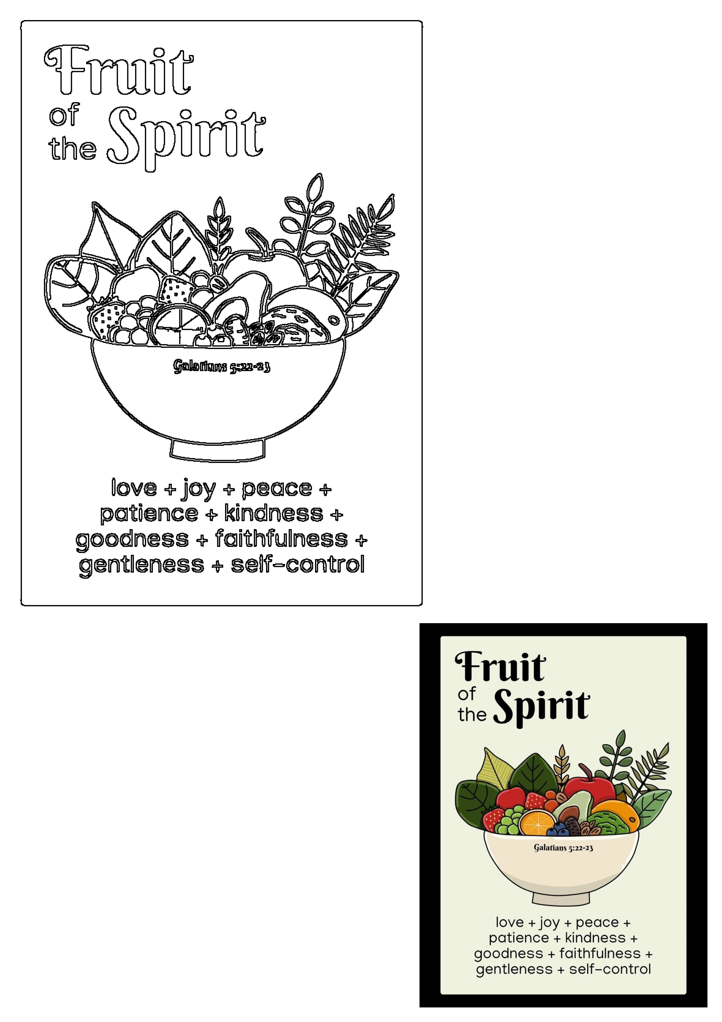 Fruit of the Spirit bowl illustration, Galatians 5:22-23, depicting Christian virtues: love, joy, peace, patience, kindness, goodness.