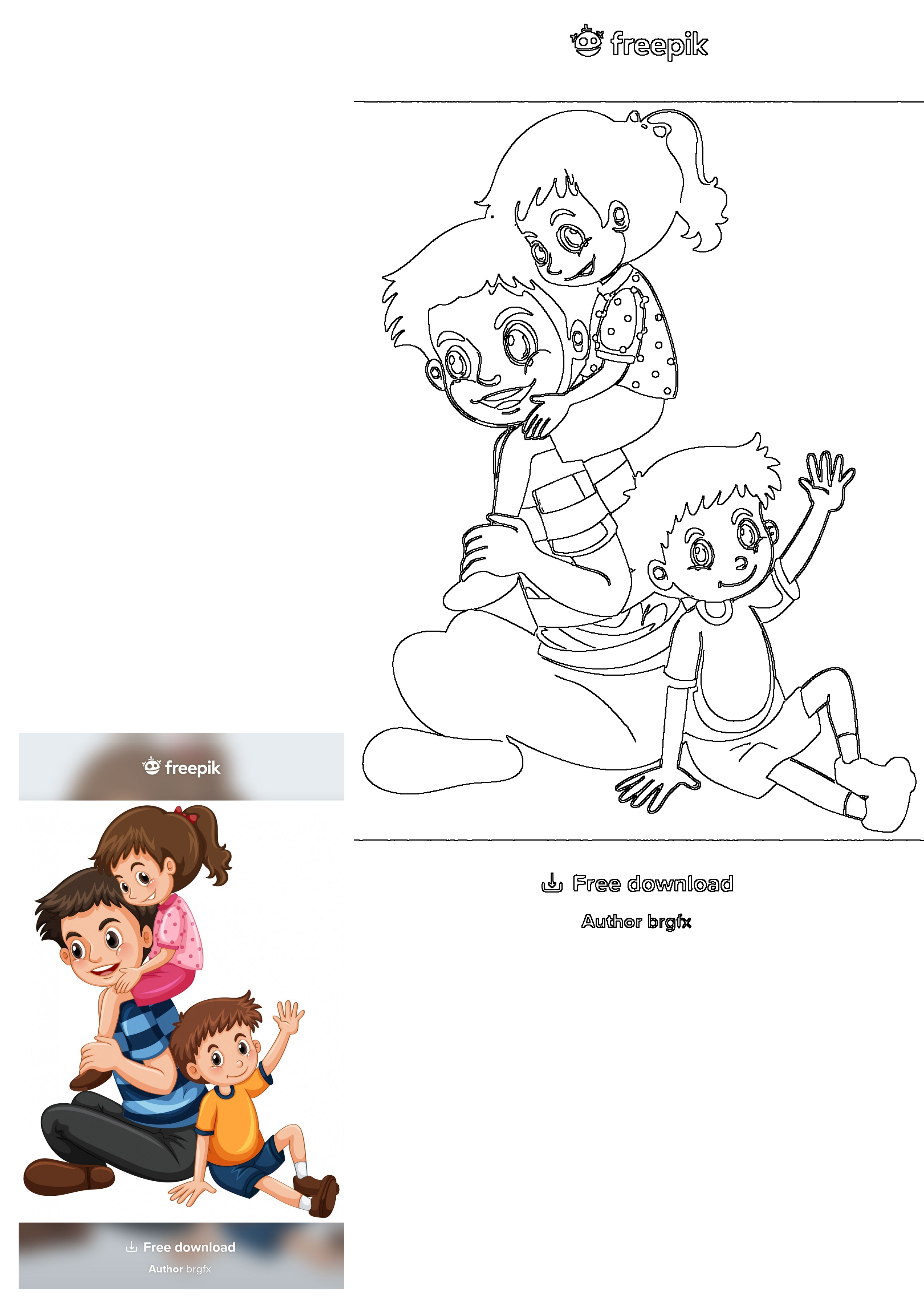 Happy Father Playing With Daughter On Shoulders And Son. Joyful cartoon illustration of a family enjoying time together, with the son waving.