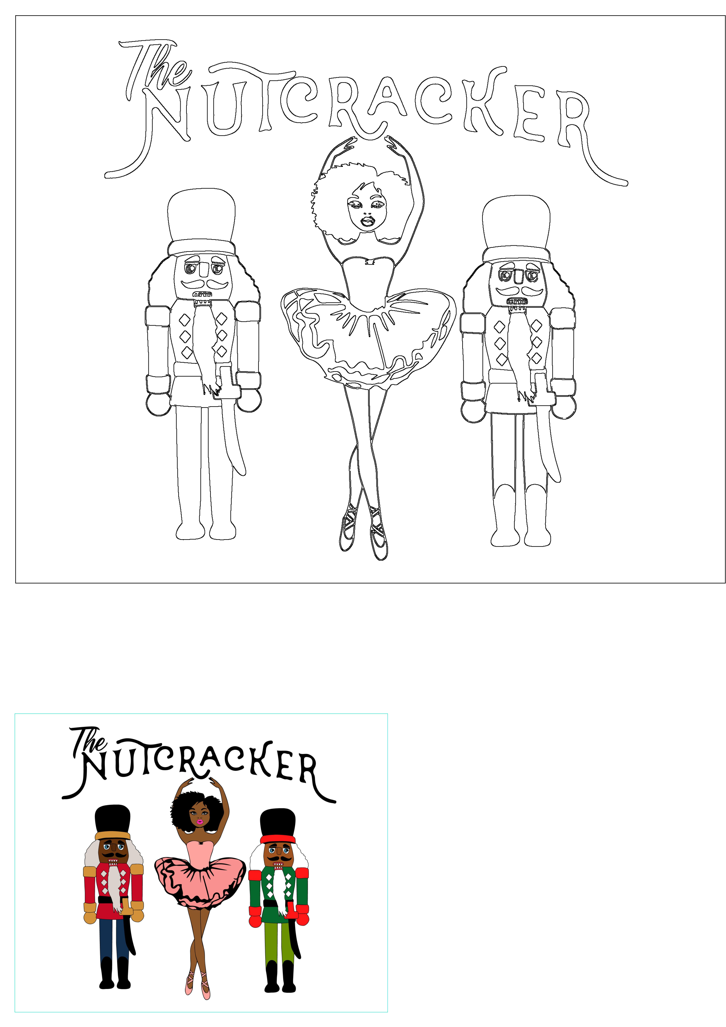 Detailed outline of a diverse Nutcracker ballet cast: an elegant ballerina and two unique nutcracker soldiers, captioned "The Nutcracker".