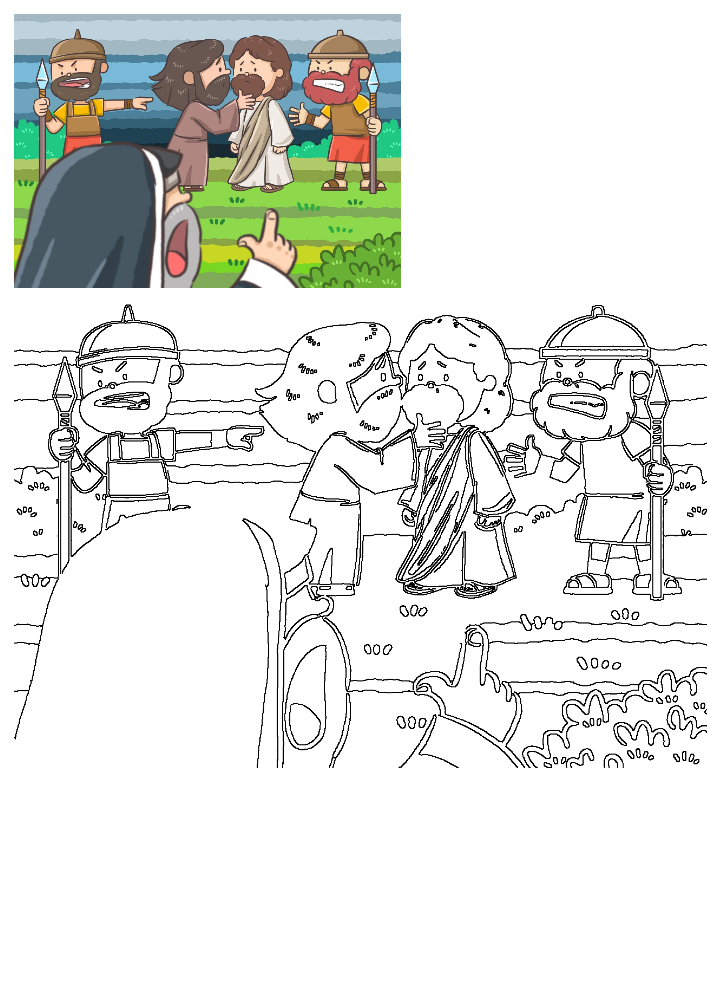 Cartoon illustration of Jesus' betrayal by Judas with a kiss, as Roman soldiers apprehend him. Includes a line art version for coloring.