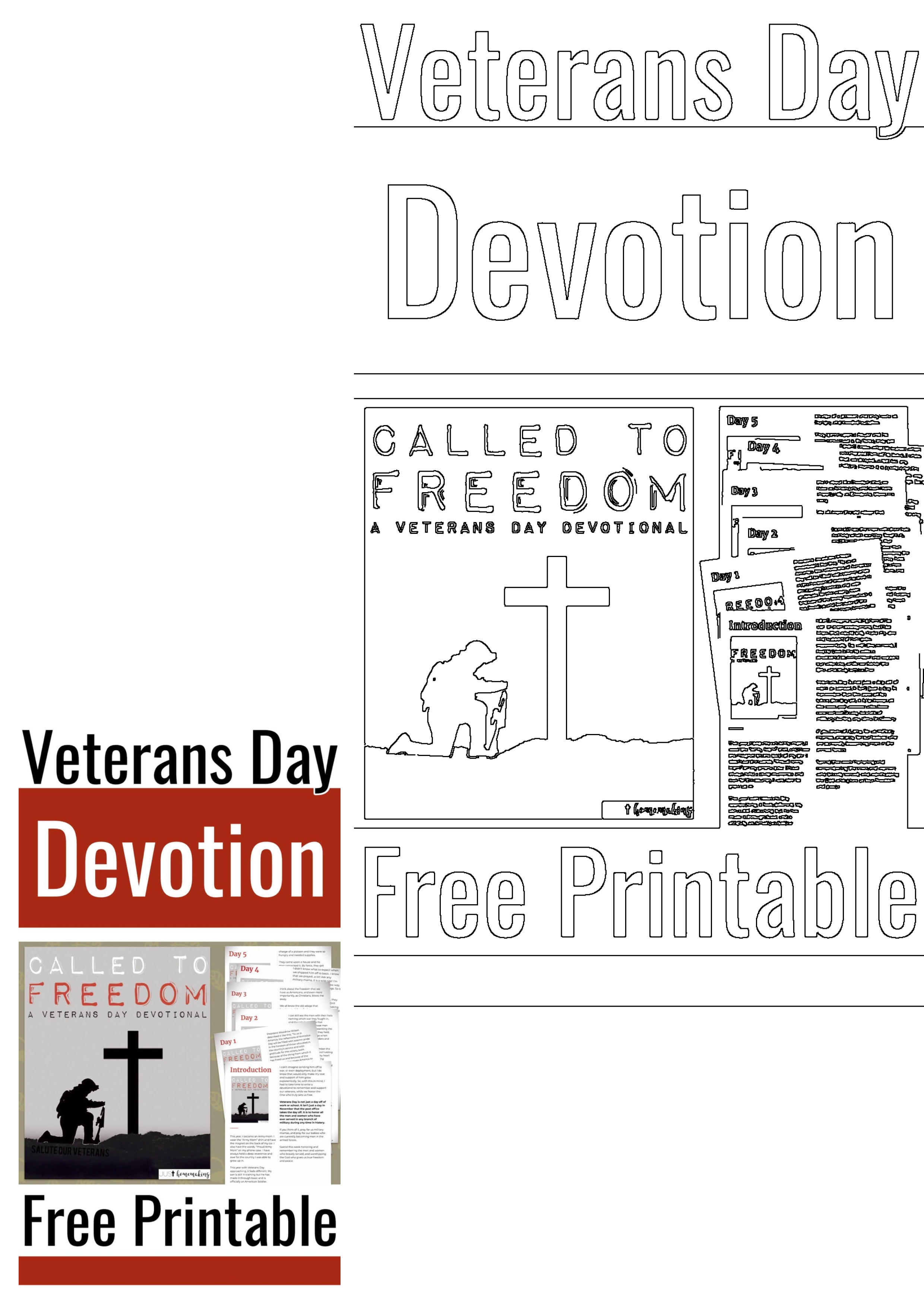 Free printable Veterans Day devotional 'Called To Freedom' featuring a soldier kneeling before a cross, offering daily readings.