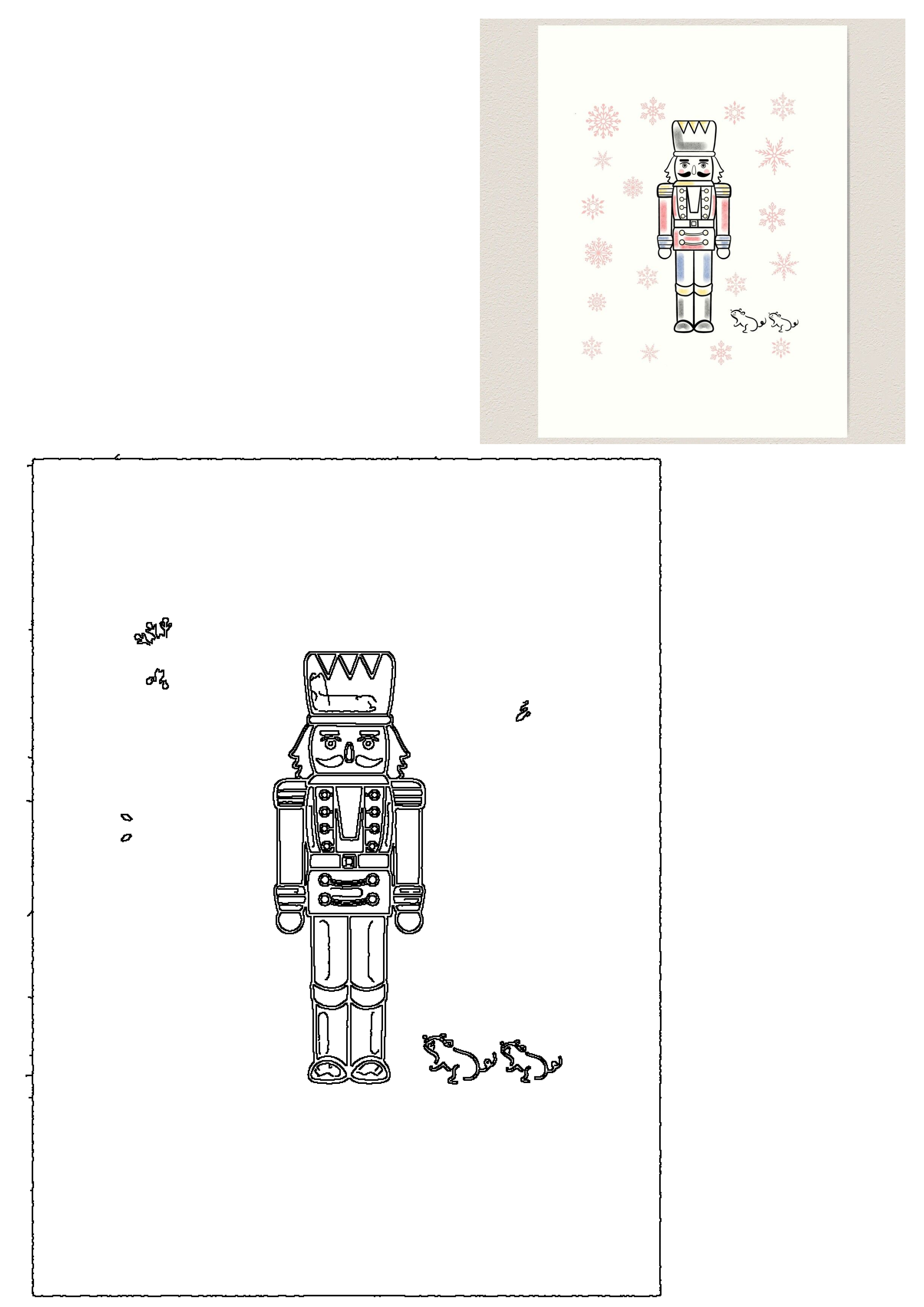 A festive Nutcracker soldier illustration, featuring a colorful design with pink snowflakes and small animal figures, alongside a clear outline version.
