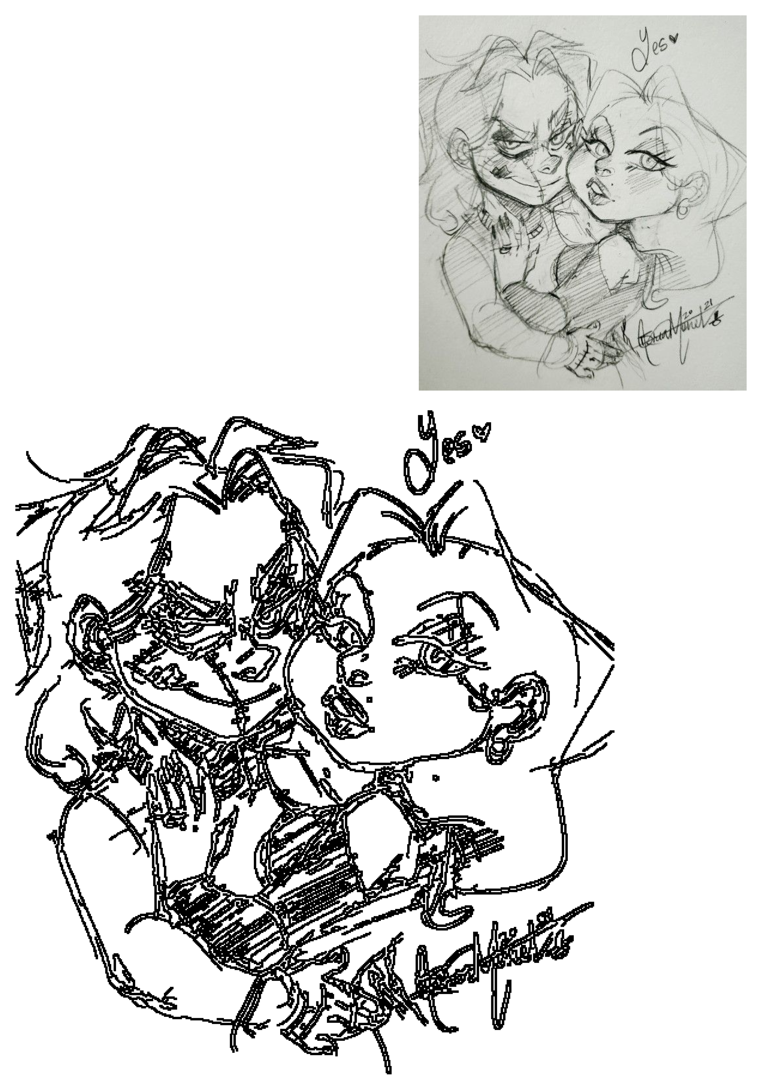 Stylized pencil sketch fan art featuring Chucky and Tiffany from the horror movie 'Bride of Chucky,' showing their iconic looks.