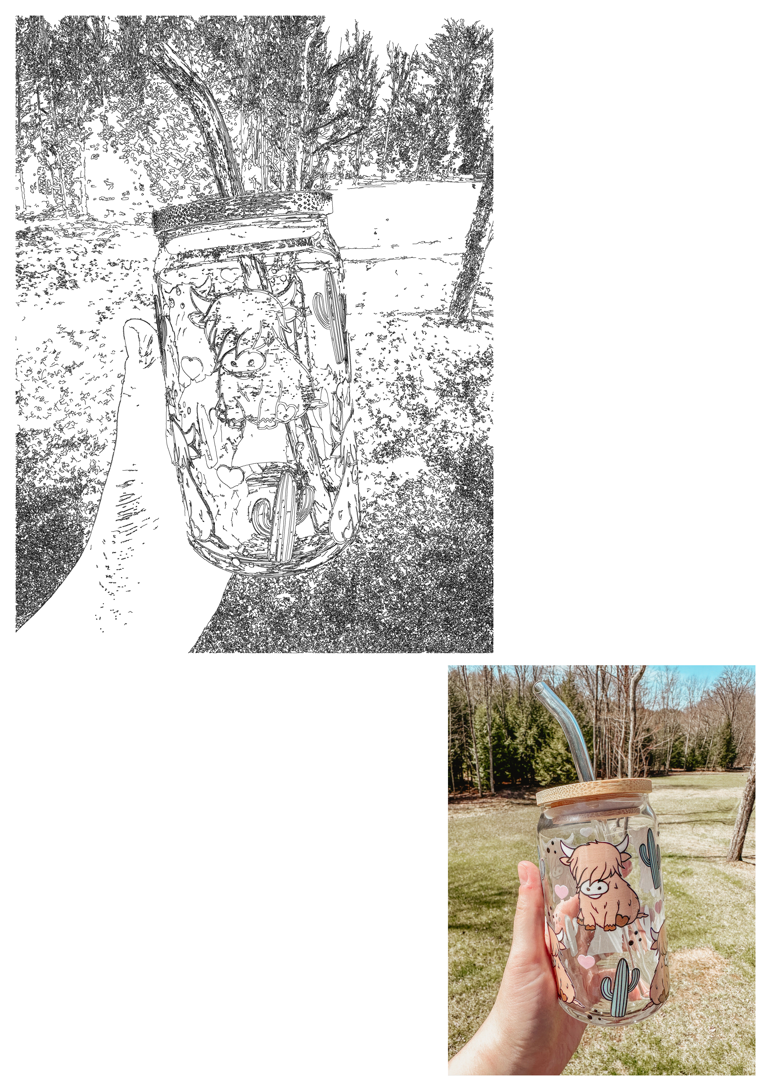 Hand holding a clear glass cup with a Highland Cow Mason Jar Straw Lid design, featuring adorable cows, cacti, and hearts in an outdoor setting.