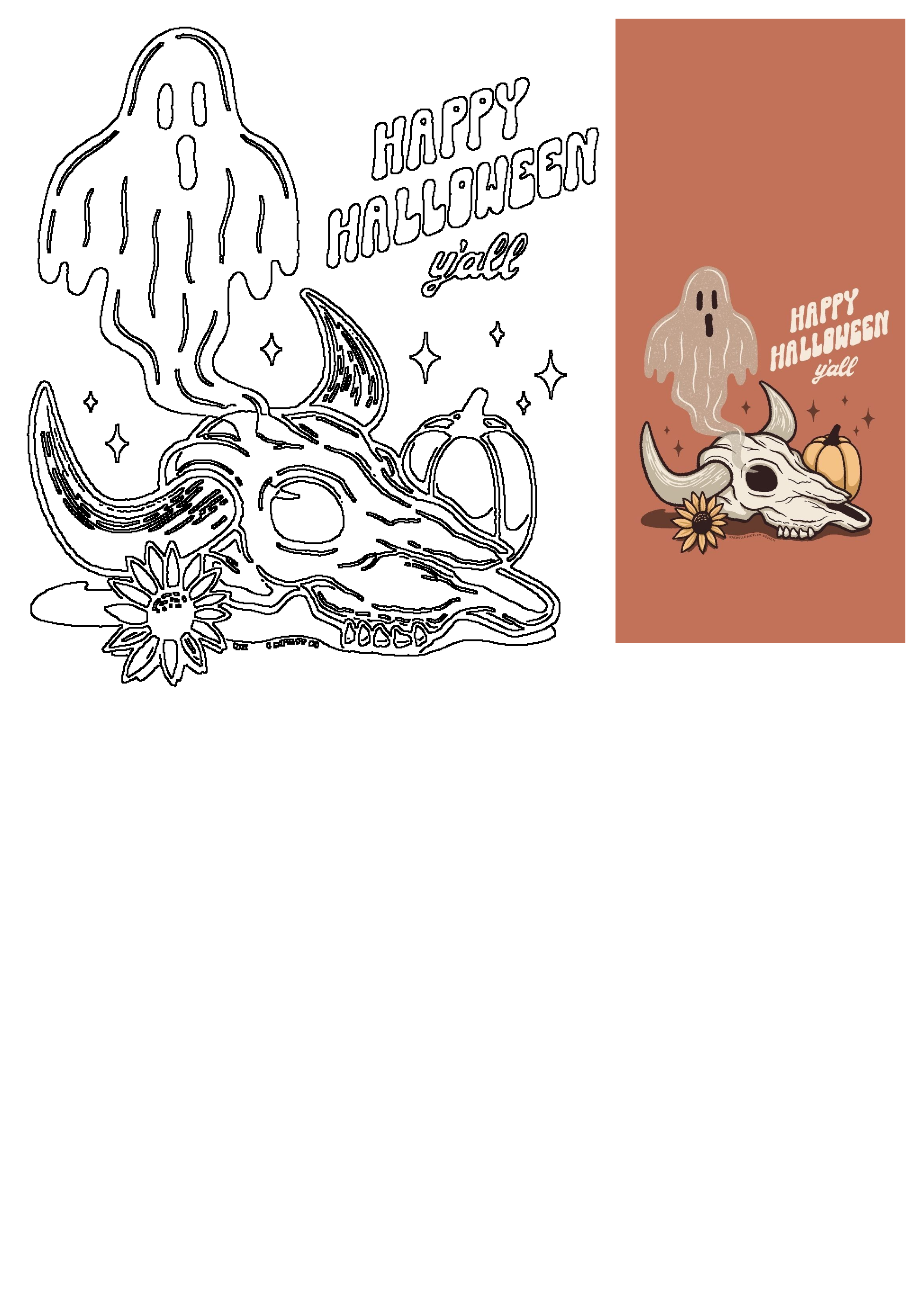 Spooky Western Halloween graphic with a ghostly figure, cow skull, pumpkin, sunflower, and 'Happy Halloween y'all' text, ideal for design or coloring.