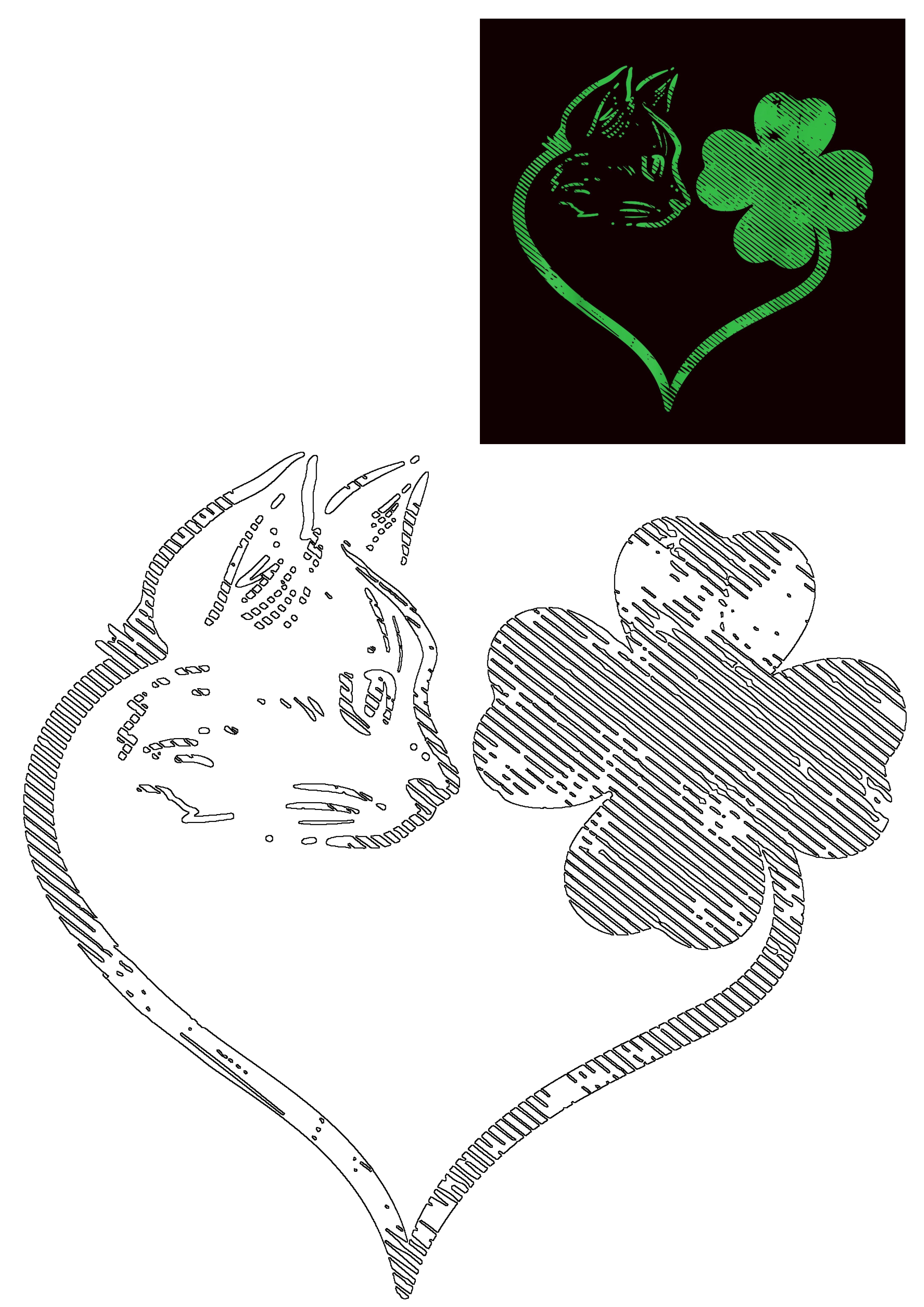 Green distressed cat and shamrock silhouette entwined to form a heart, ideal for St. Patrick's Day kitten lovers.