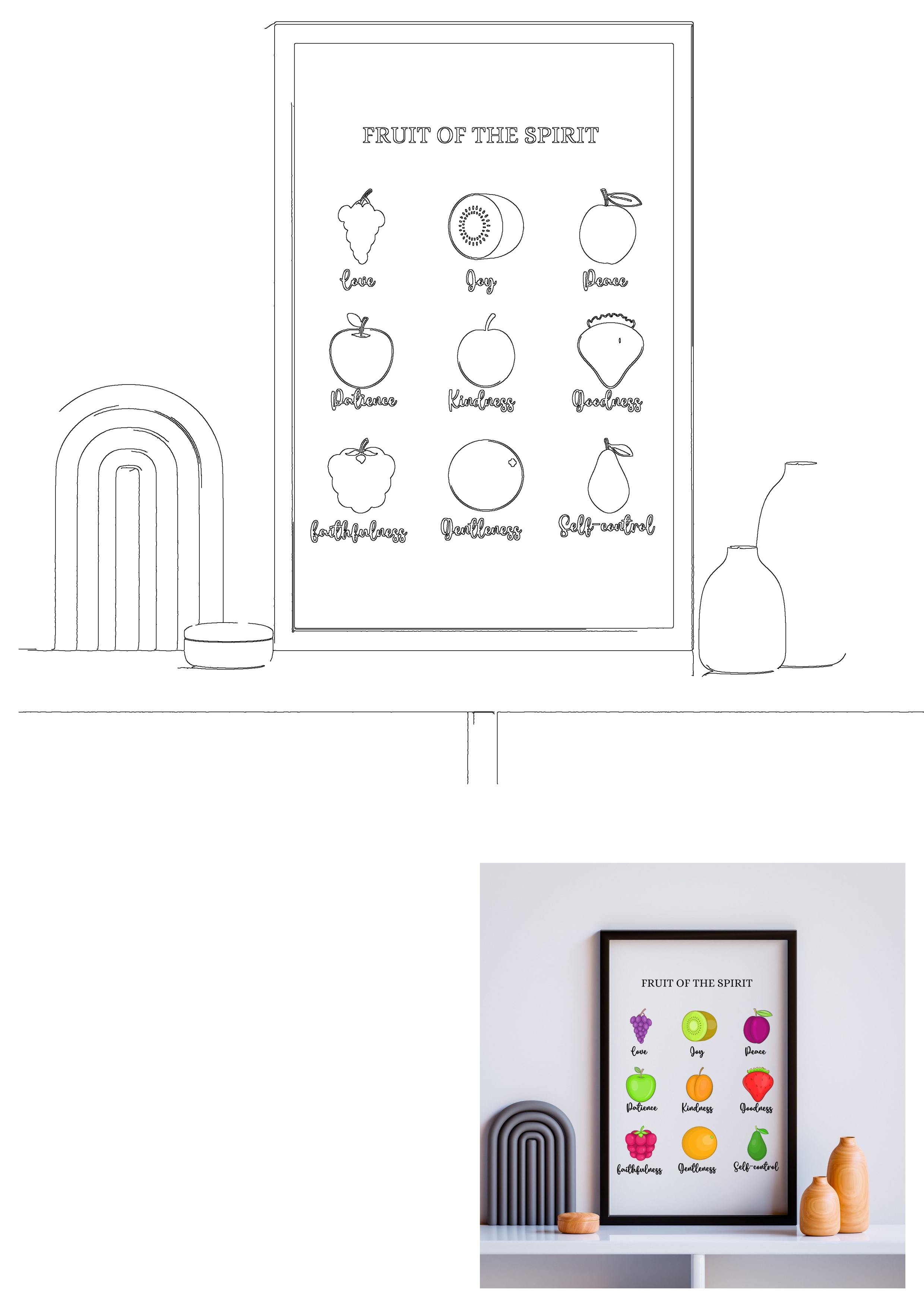 A framed Fruit of the Spirit poster with colorful fruit illustrations and spiritual qualities displayed on a shelf with modern decor.