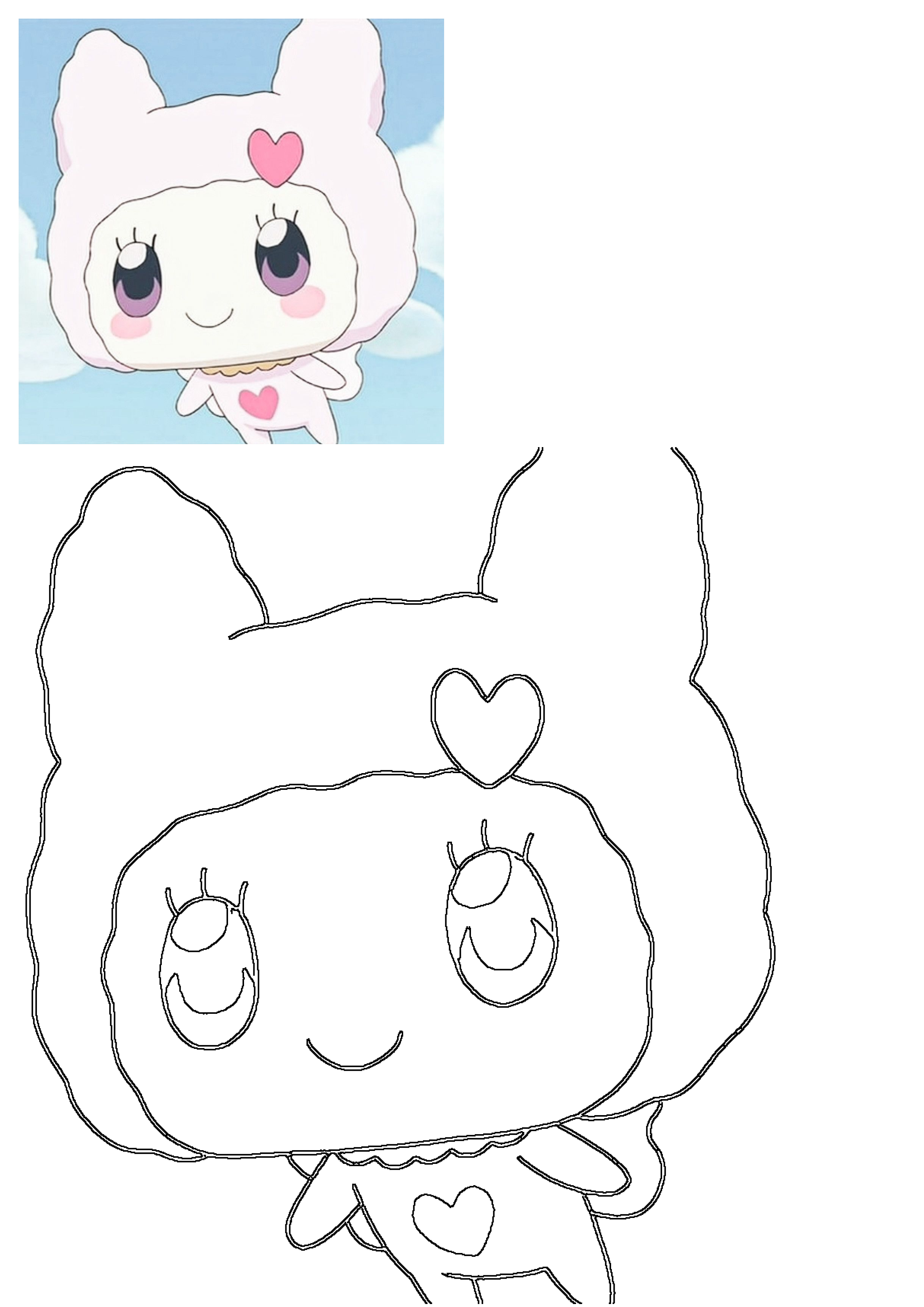 Kizunatchi Tamagotchi character, cute and kawaii, depicted as a vibrant colorful image and a clean outline drawing.
