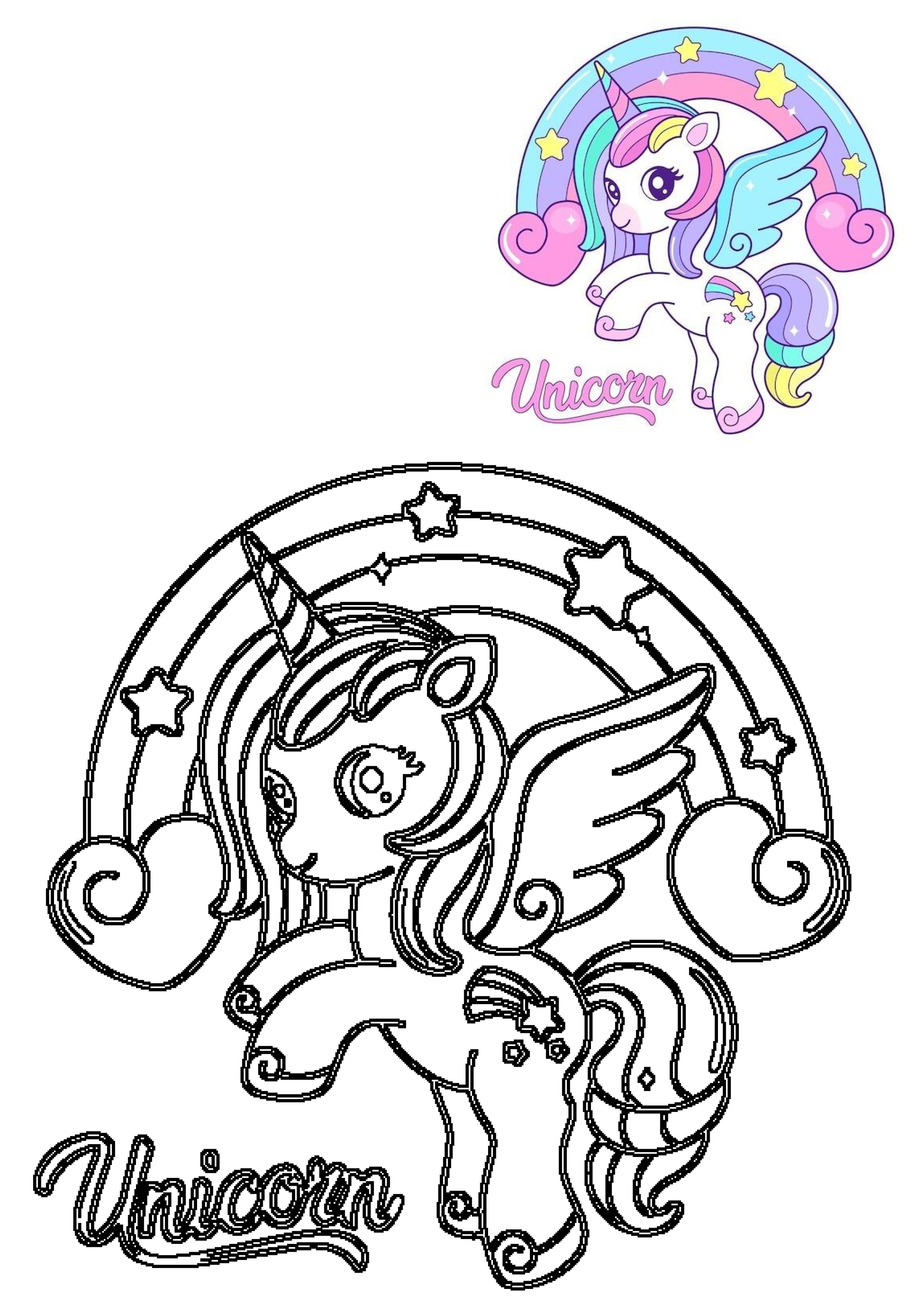A vibrant cartoon flying unicorn with rainbow, clouds, and stars, featured alongside its black outline version for artistic fun.