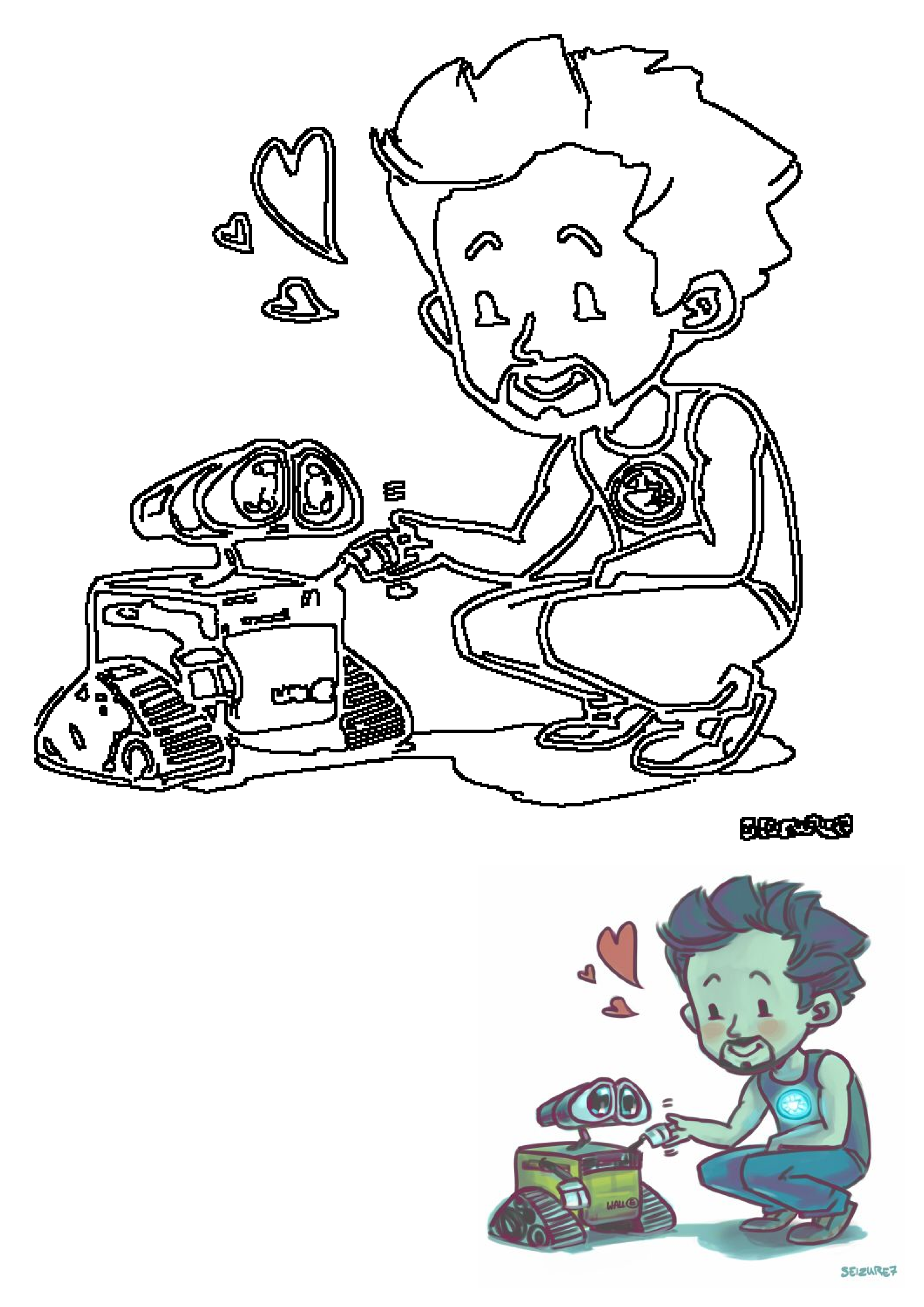 Chibi Iron Man (Tony Stark), a Marvel superhero, and WALL-E are forever bound in this heartwarming Pixar crossover fanart with hearts.