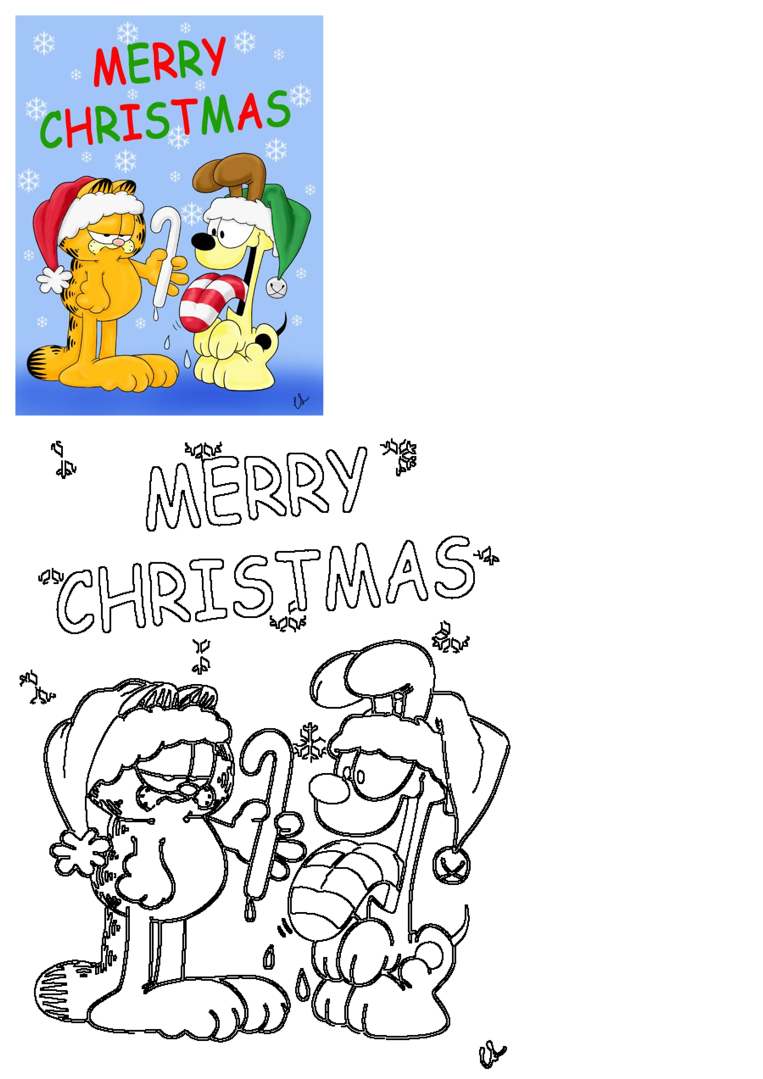 Garfield and Odie celebrate Merry Christmas, wearing Santa hats and holding candy canes against a snowy blue background.