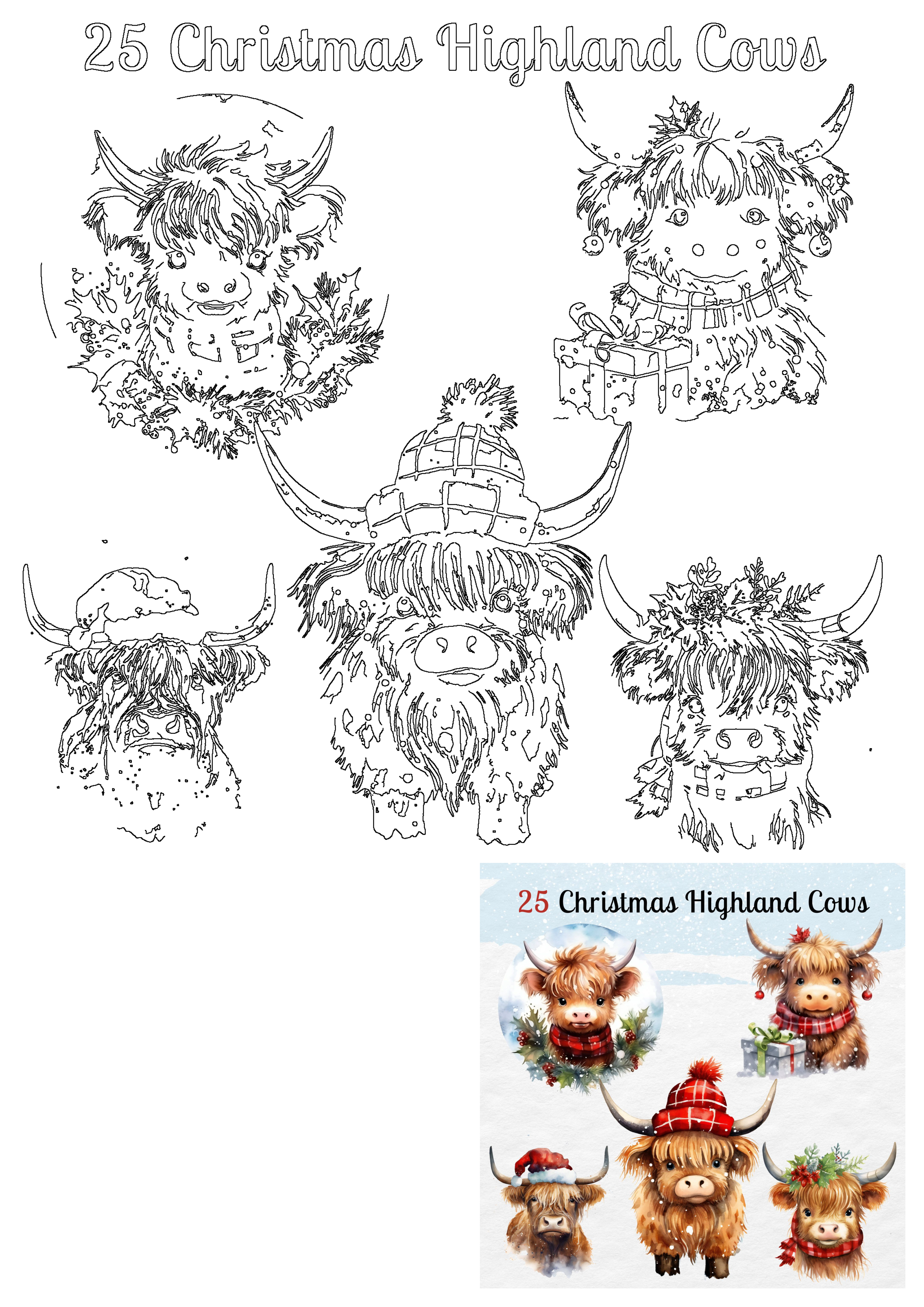 Christmas Highland cow clipart bundle featuring outlines and watercolor illustrations. Festive cows wear Santa hats, scarves, and holly.