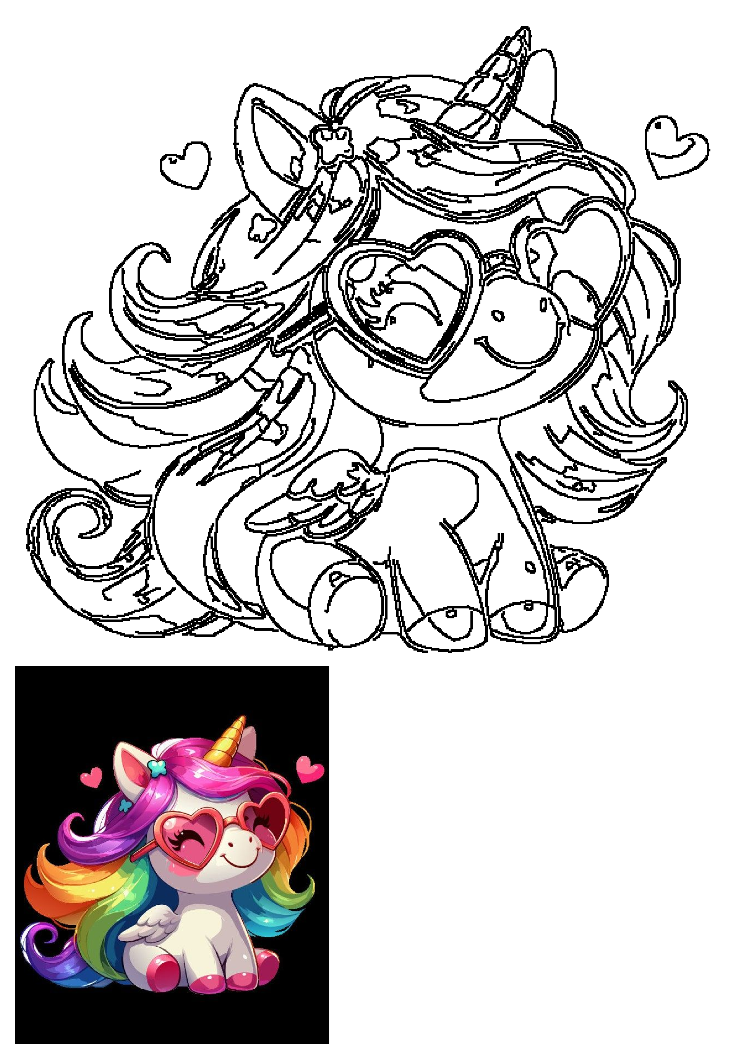 Adorable unicorn with a vibrant rainbow mane and tail, wearing trendy heart-shaped sunglasses. This sweet, sitting magical creature radiates happiness.