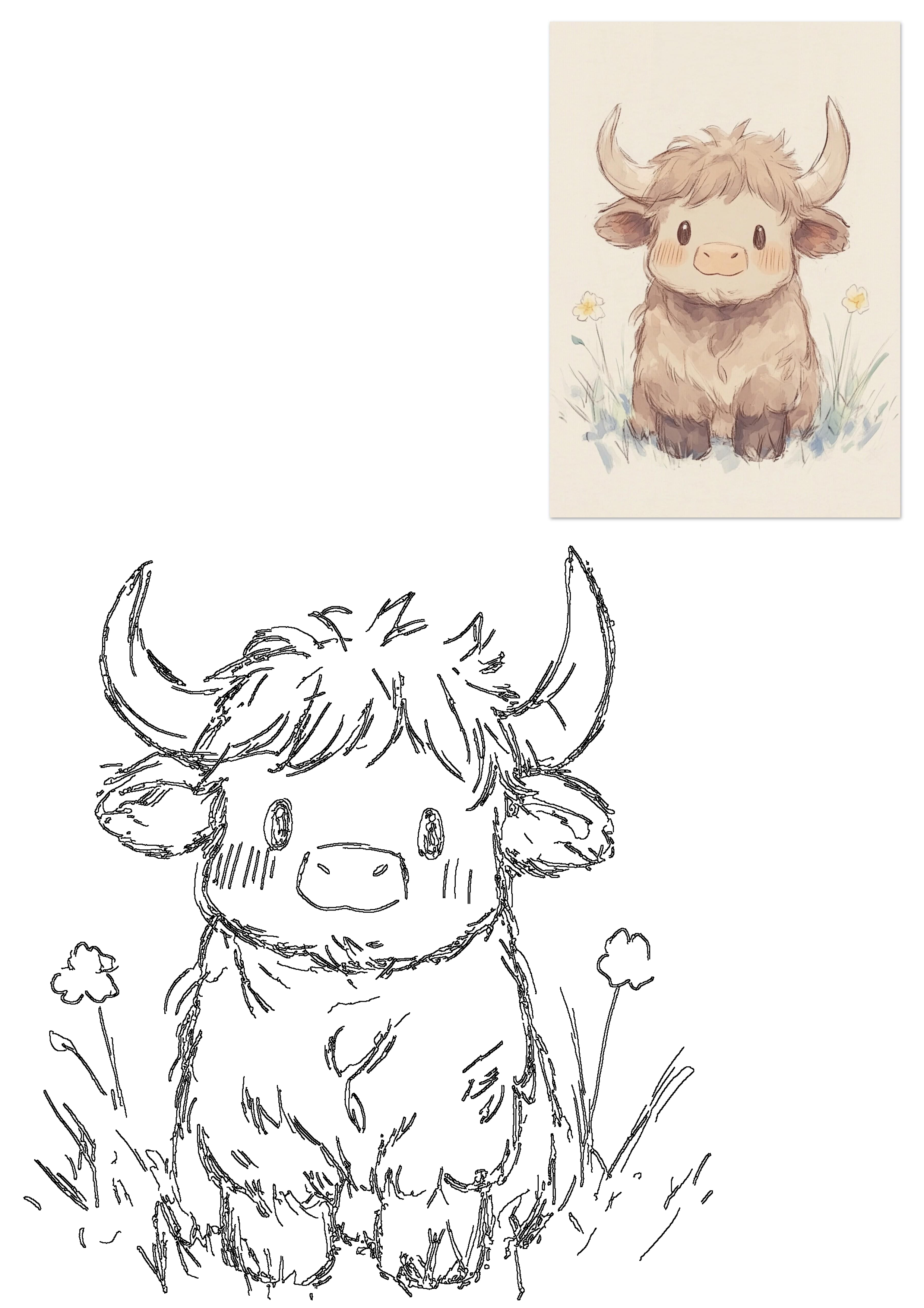 Mr Moo, a cute fluffy Highland cow calf watercolor illustration, sitting in grass with flowers, alongside a black and white line art sketch of the same.