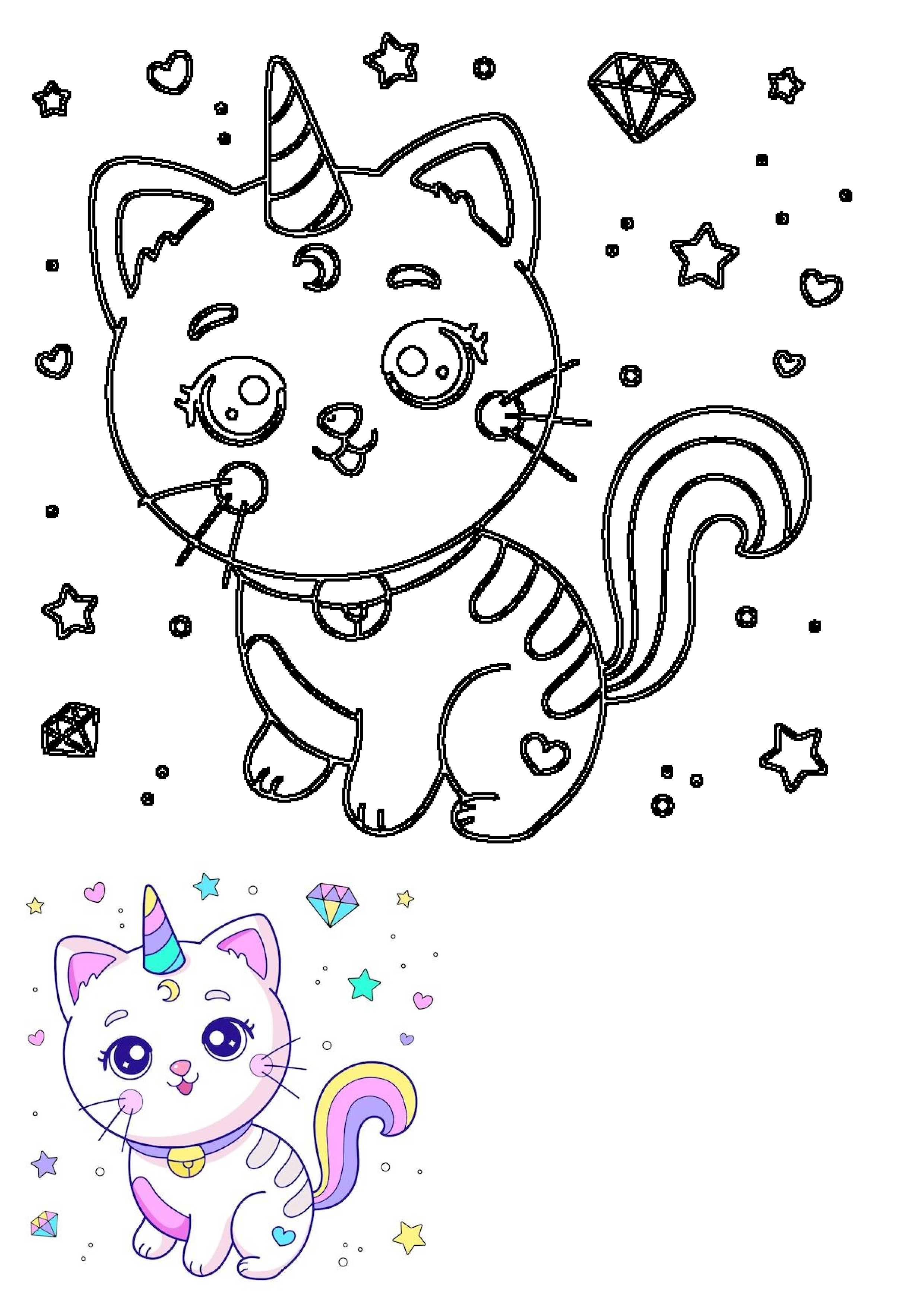 Adorable caticorn with a unicorn horn and rainbow tail, featured as an outline and a colorful illustration with stars, hearts, and gems.