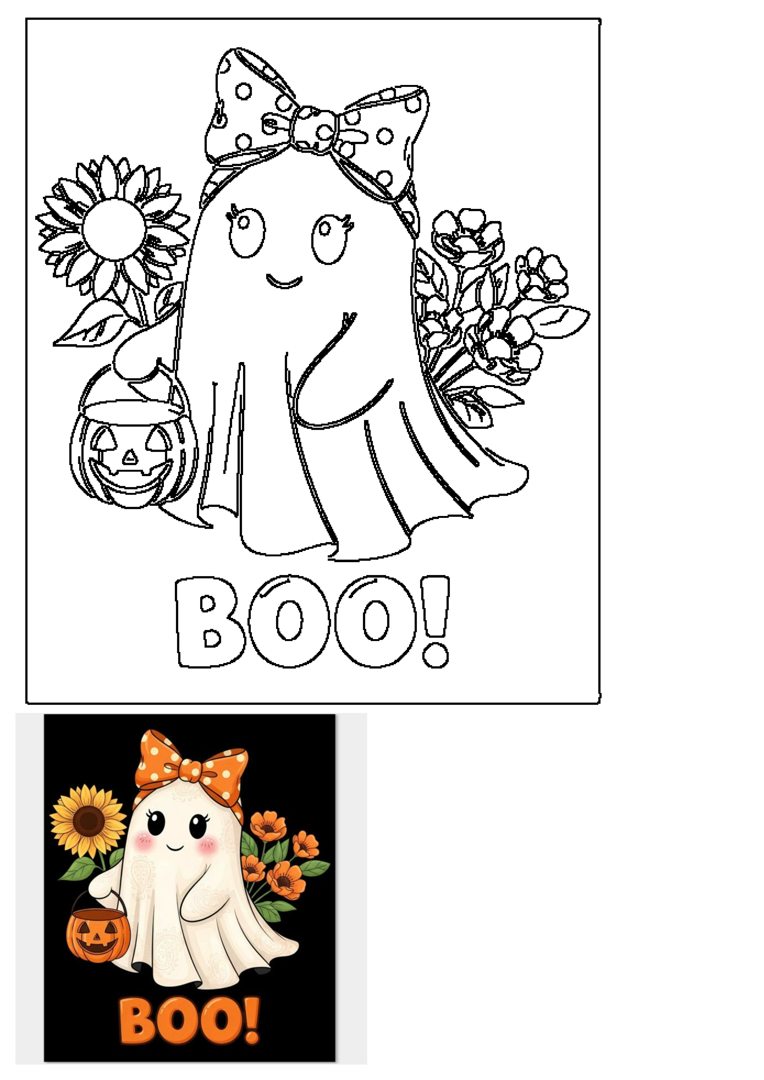 A cute ghost wearing a polka-dot bow, holding a pumpkin bucket with sunflowers and flowers, says 'BOO!' for Halloween.