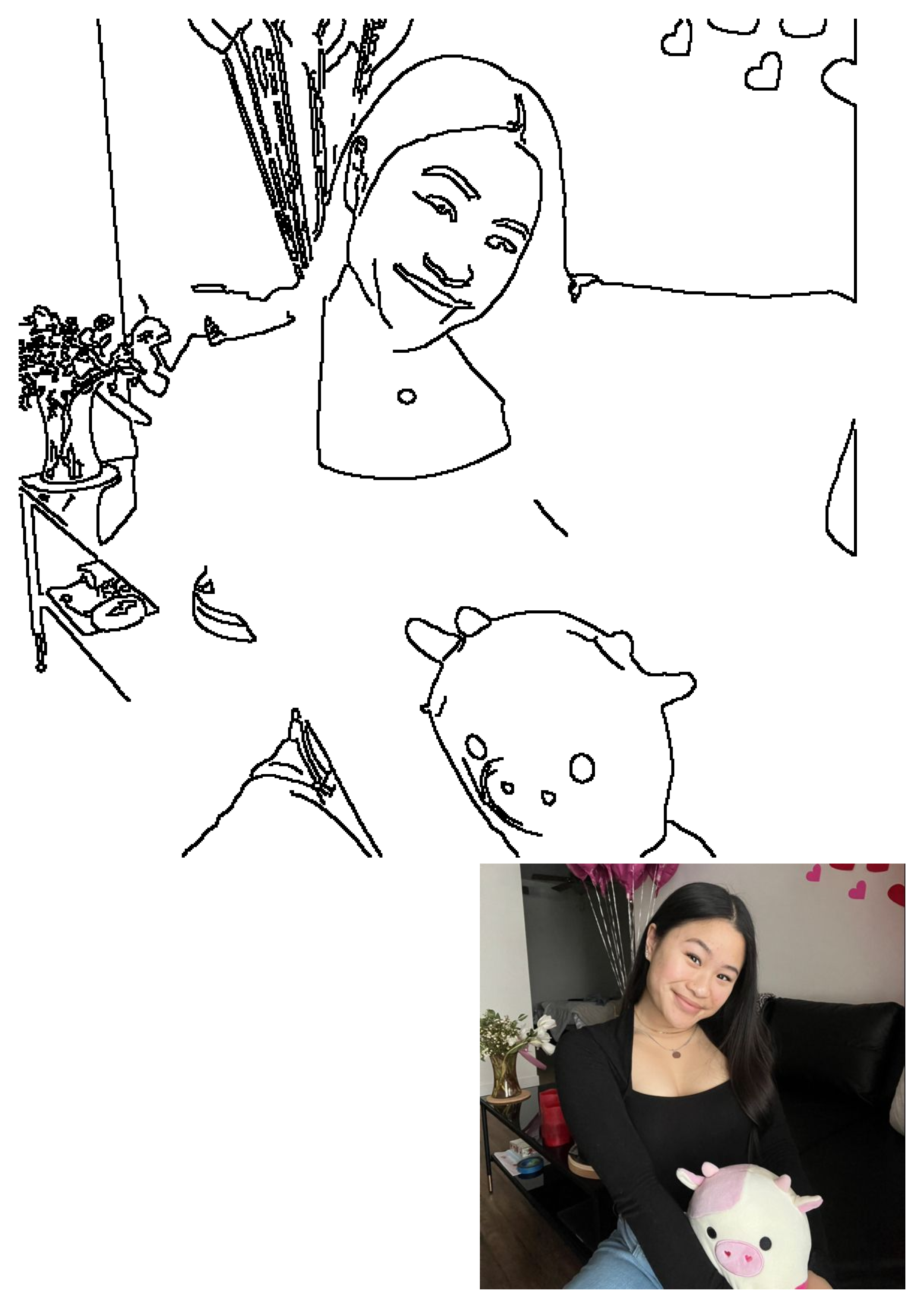 Aivytn smiles while holding a pink and white cow plush. Valentine's Day decor, with heart balloons and paper hearts, is in the background.