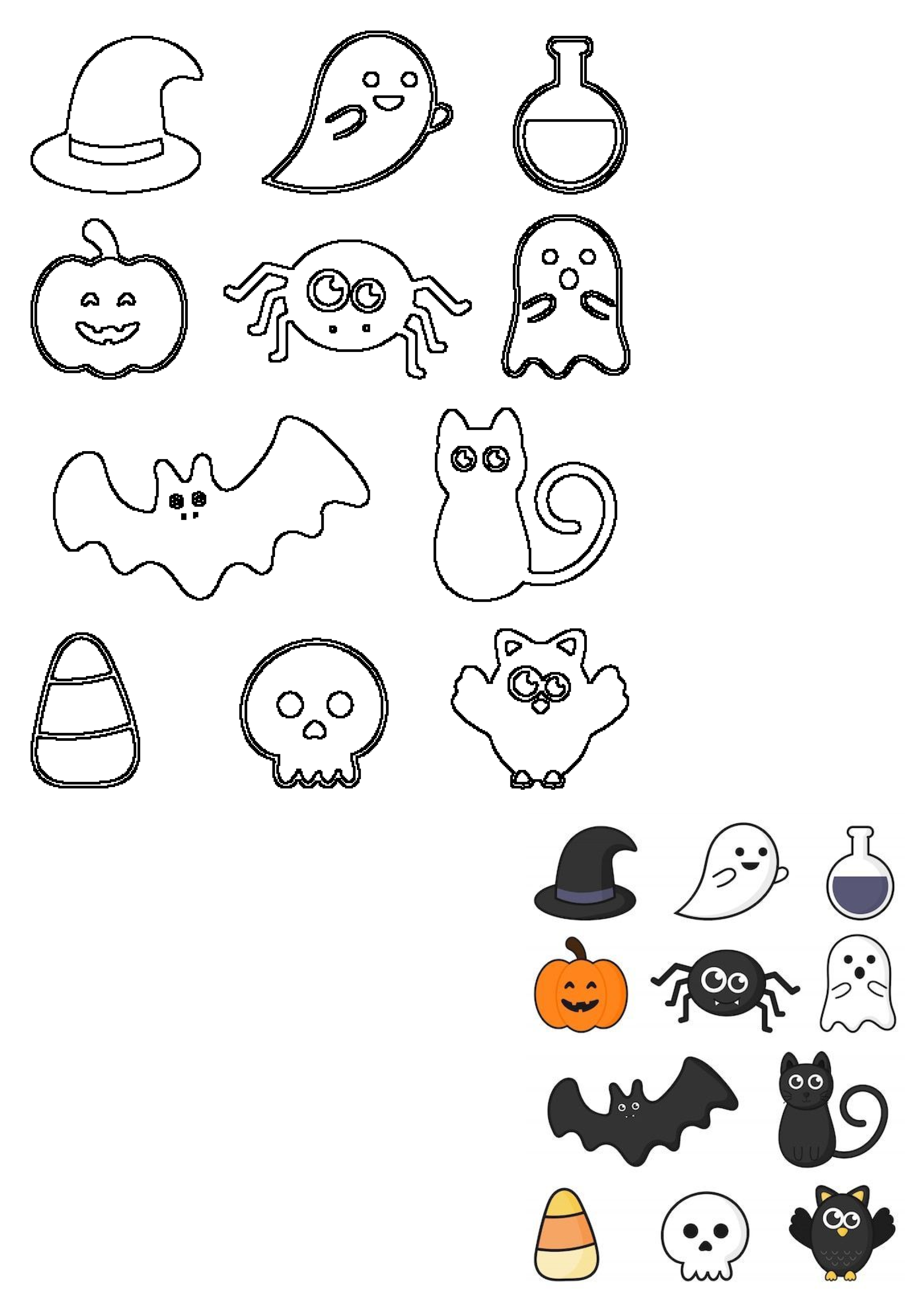 Cute Halloween icons collection: black outlines and colorful clipart of bats, pumpkins, ghosts, spiders, cats, witch hats, skulls, and candy corn.