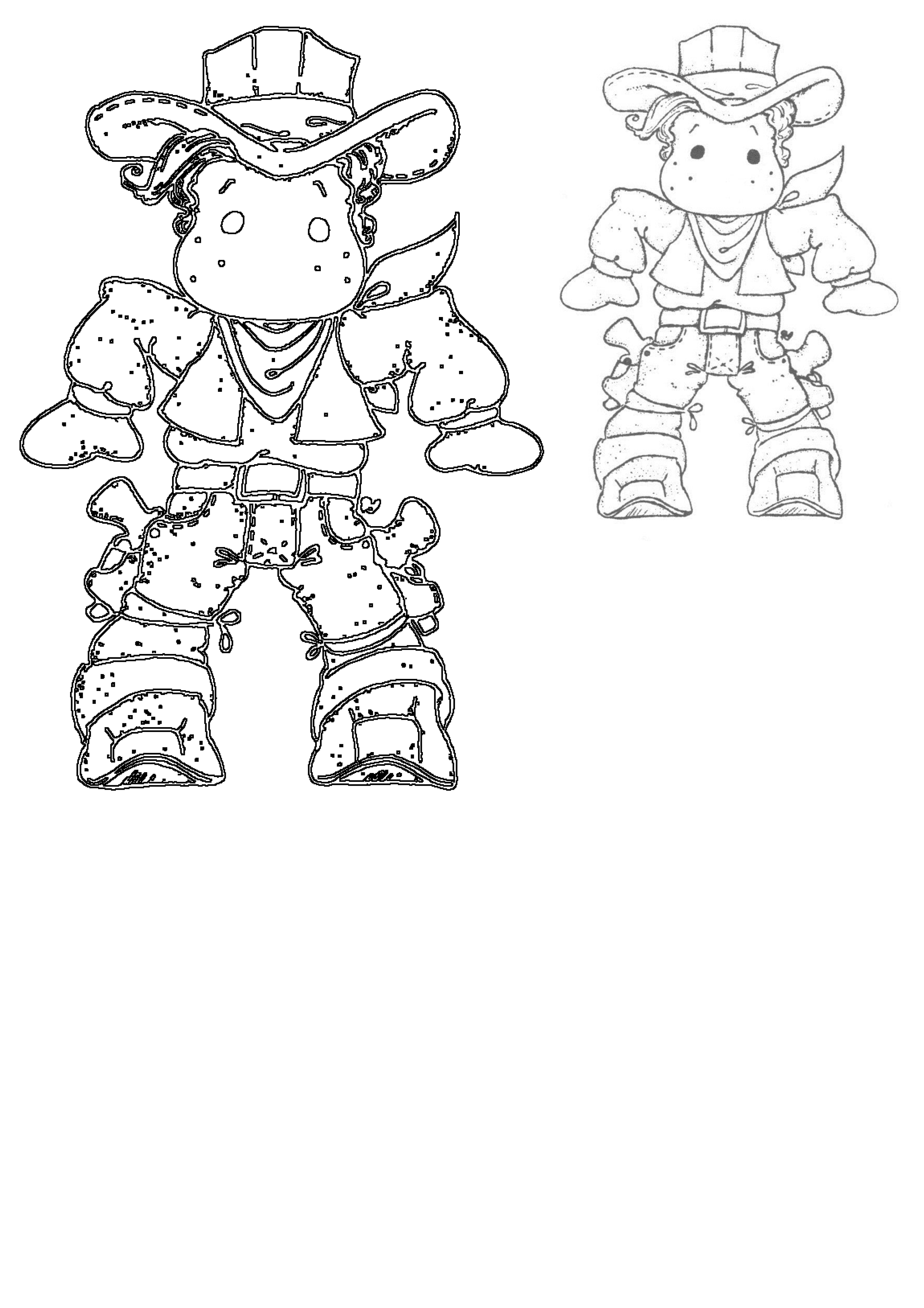 Black and white line art of a charming cartoon cowboy character, complete with a large hat and bandana, ready for kids to color.