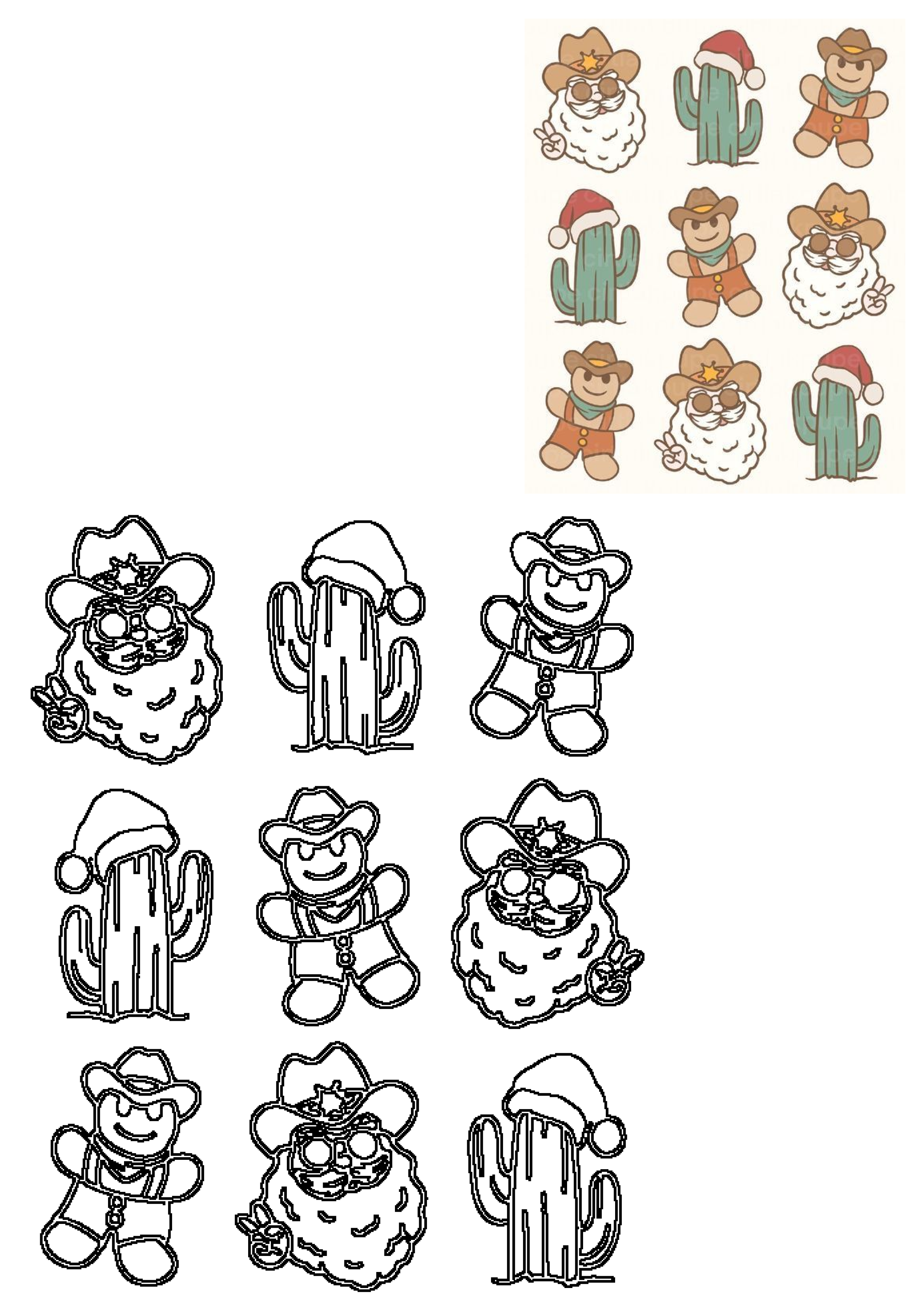 Cowboy Santa, gingerbread men, and cactus in Santa hats, offered as colorful clipart and SVG outlines for Western Christmas.