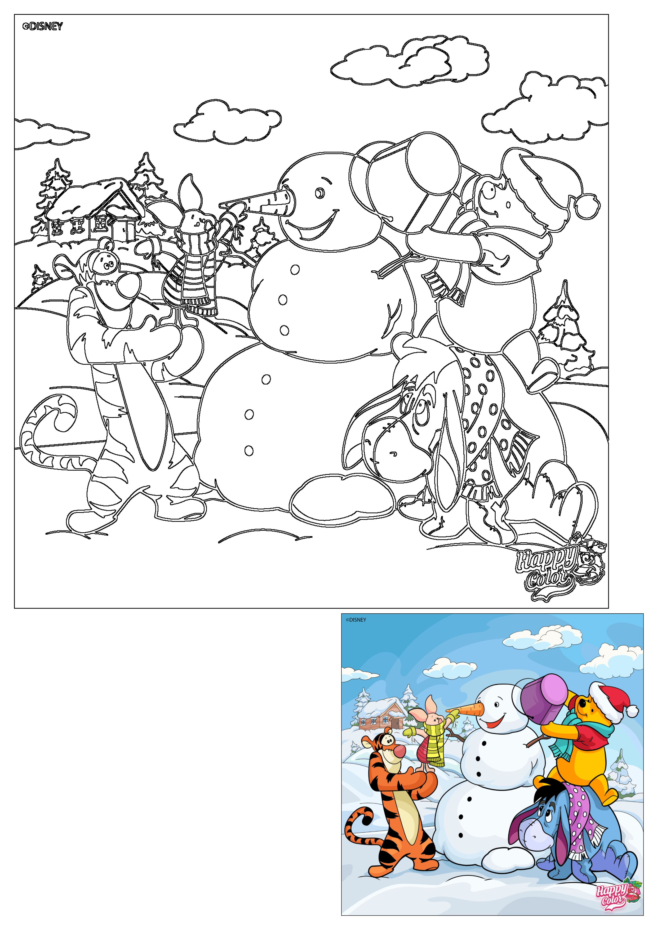 Winnie the Pooh, Tigger, Piglet, and Eeyore are having winter fun, building a snowman together in a snowy scene.