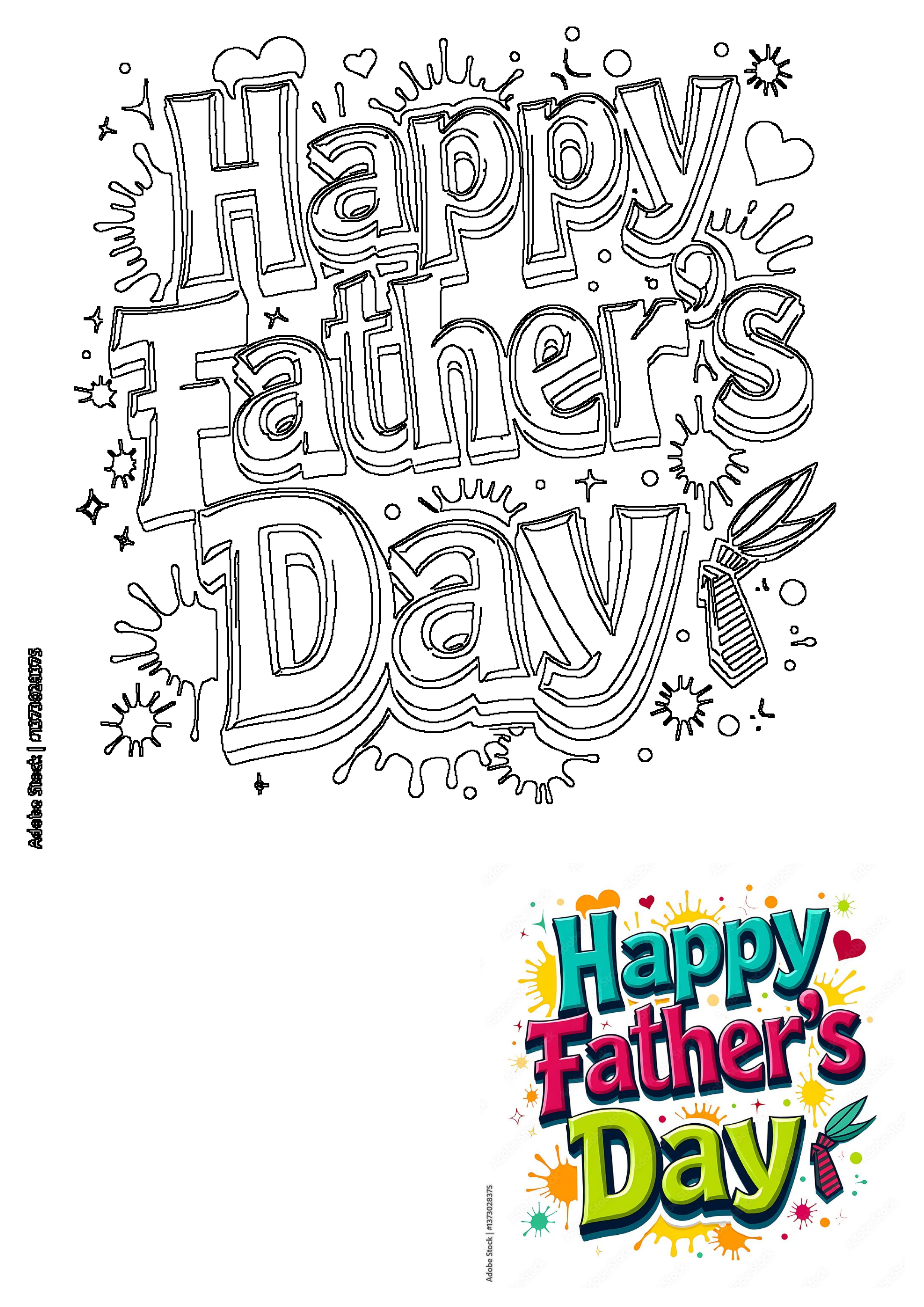 A vibrant "Happy Father's Day" graphic with bold, colorful letters, paint splatters, hearts, and a tie icon for celebration.