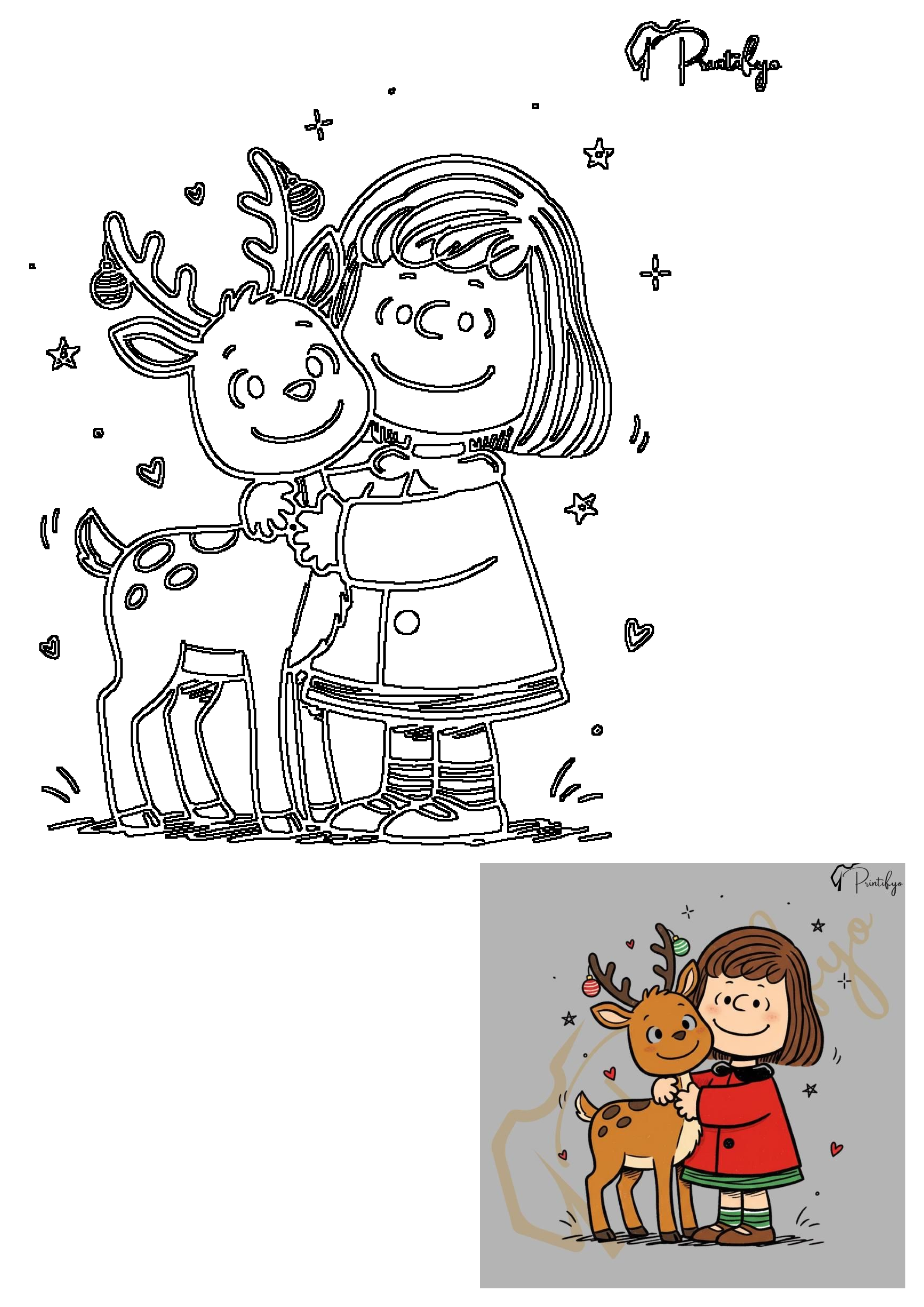 A heartwarming illustration of a cute girl hugging a spotted reindeer adorned with Christmas ornaments, surrounded by festive stars and hearts.
