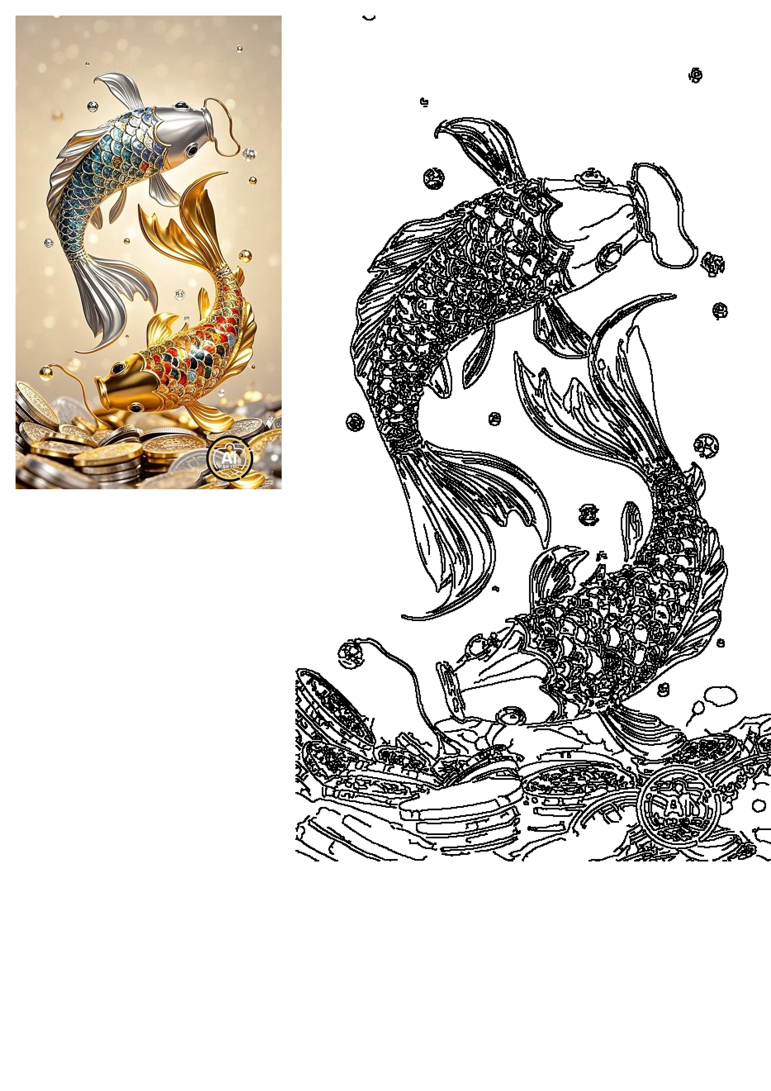 Two vibrant metallic koi fish, one blue and one gold, swim amidst glistening coins, powerfully symbolizing prosperity and good fortune.
