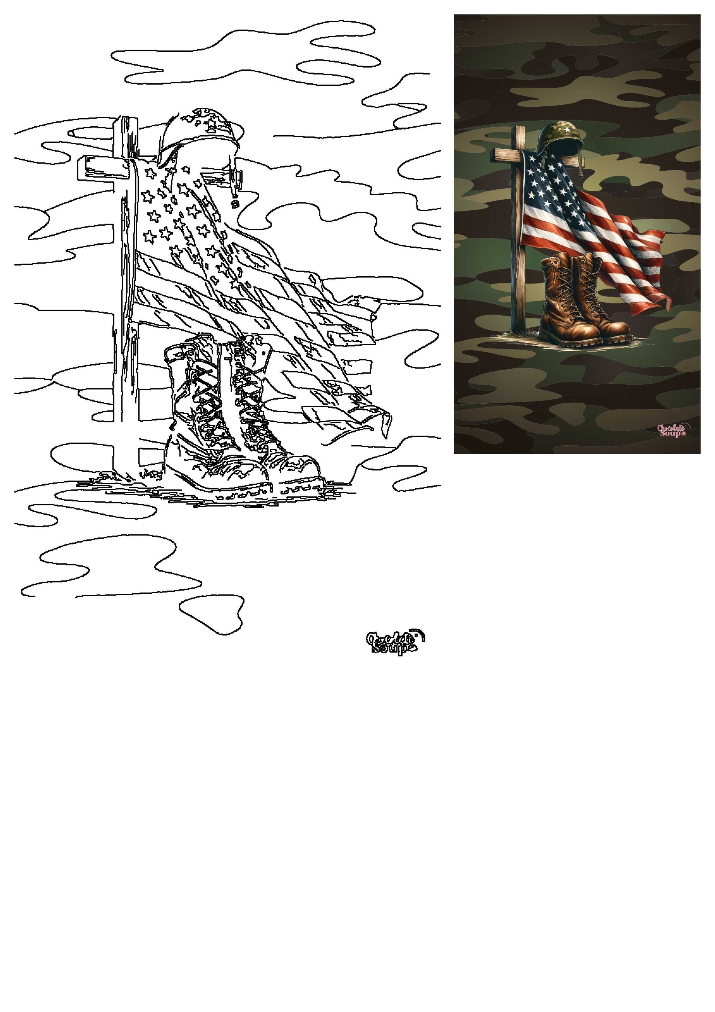 A powerful military memorial tribute featuring an American flag draped over a cross, a helmet, and combat boots on a camouflage background.