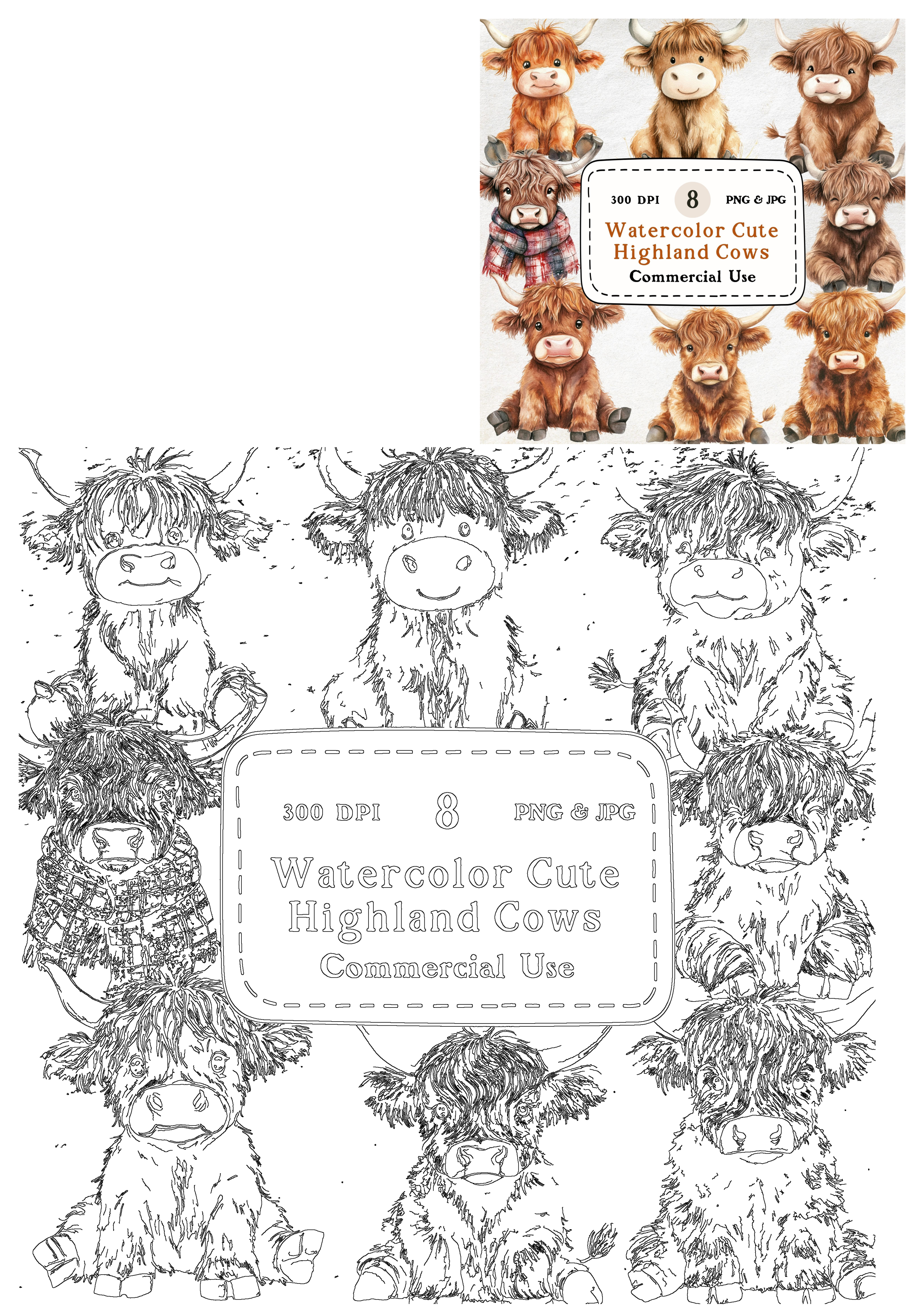 Adorable watercolor Highland cow clipart digital download set with various poses and outline versions, perfect for commercial use projects.