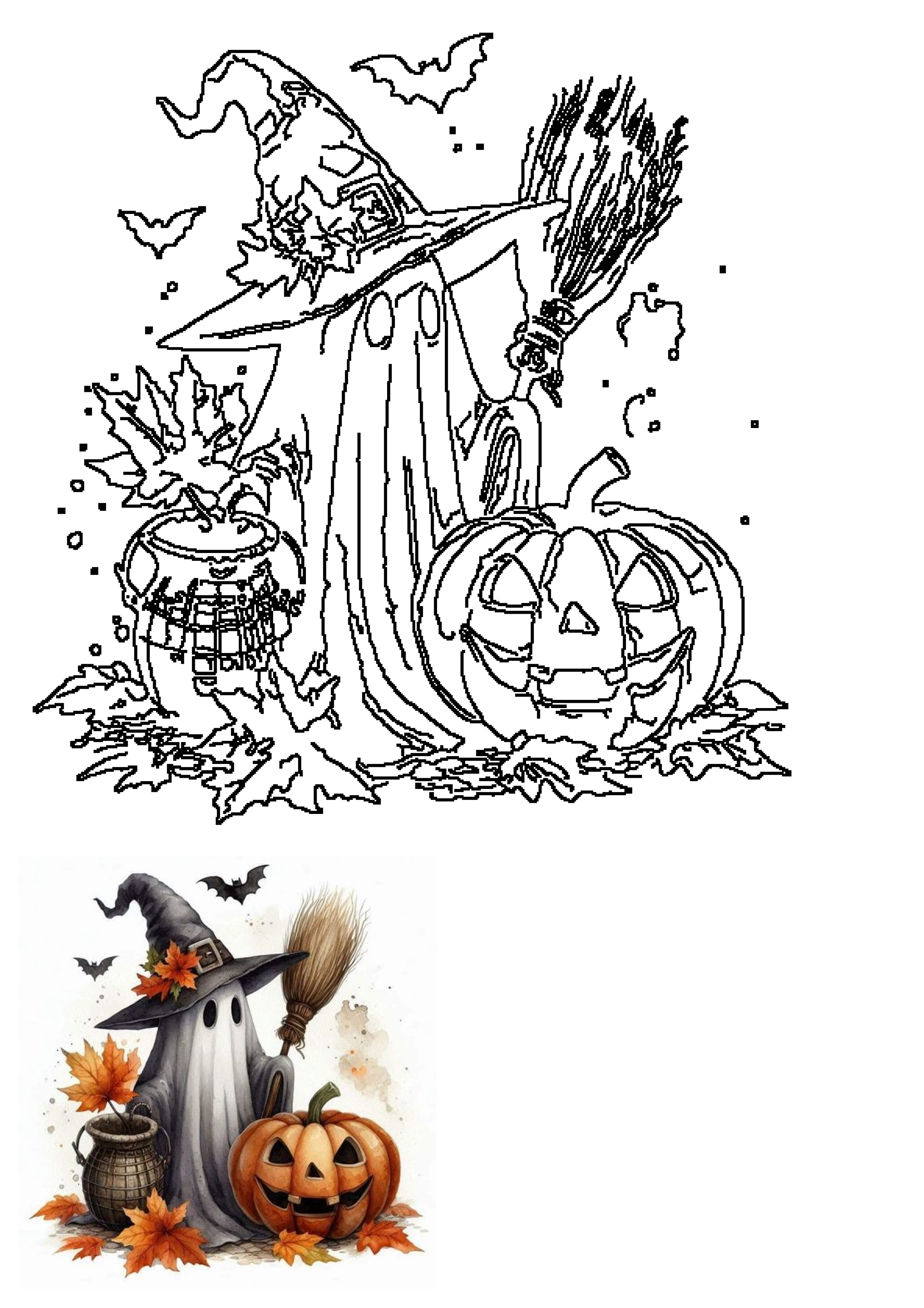 A charming watercolor illustration featuring a friendly Halloween ghost in a witch hat, holding a broom, alongside a jack-o'-lantern pumpkin, cauldron, autumn leaves, and flying bats.