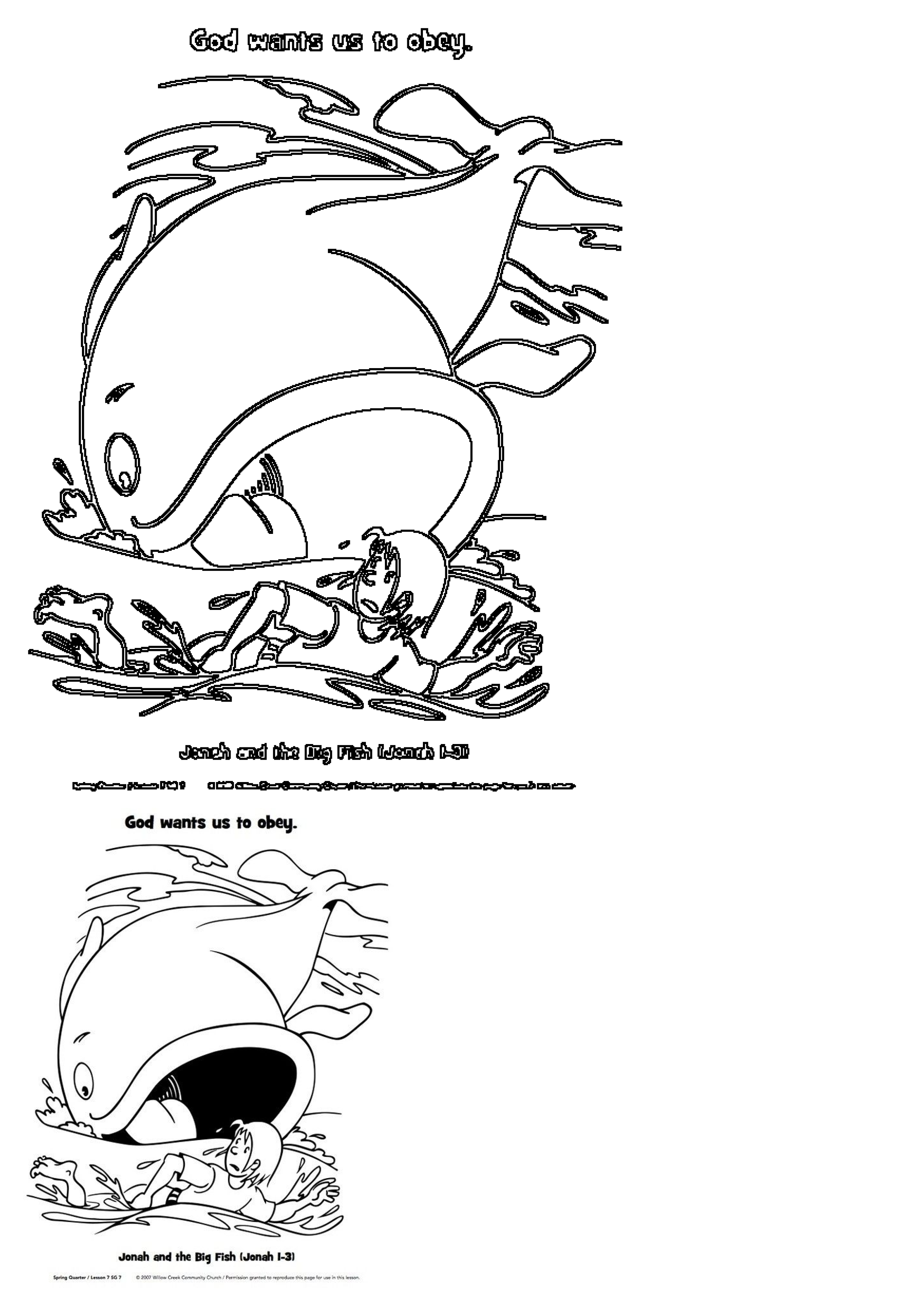 Black and white line drawing depicting the Jonah and the Big Fish Bible Story, emphasizing the lesson to Obey God.