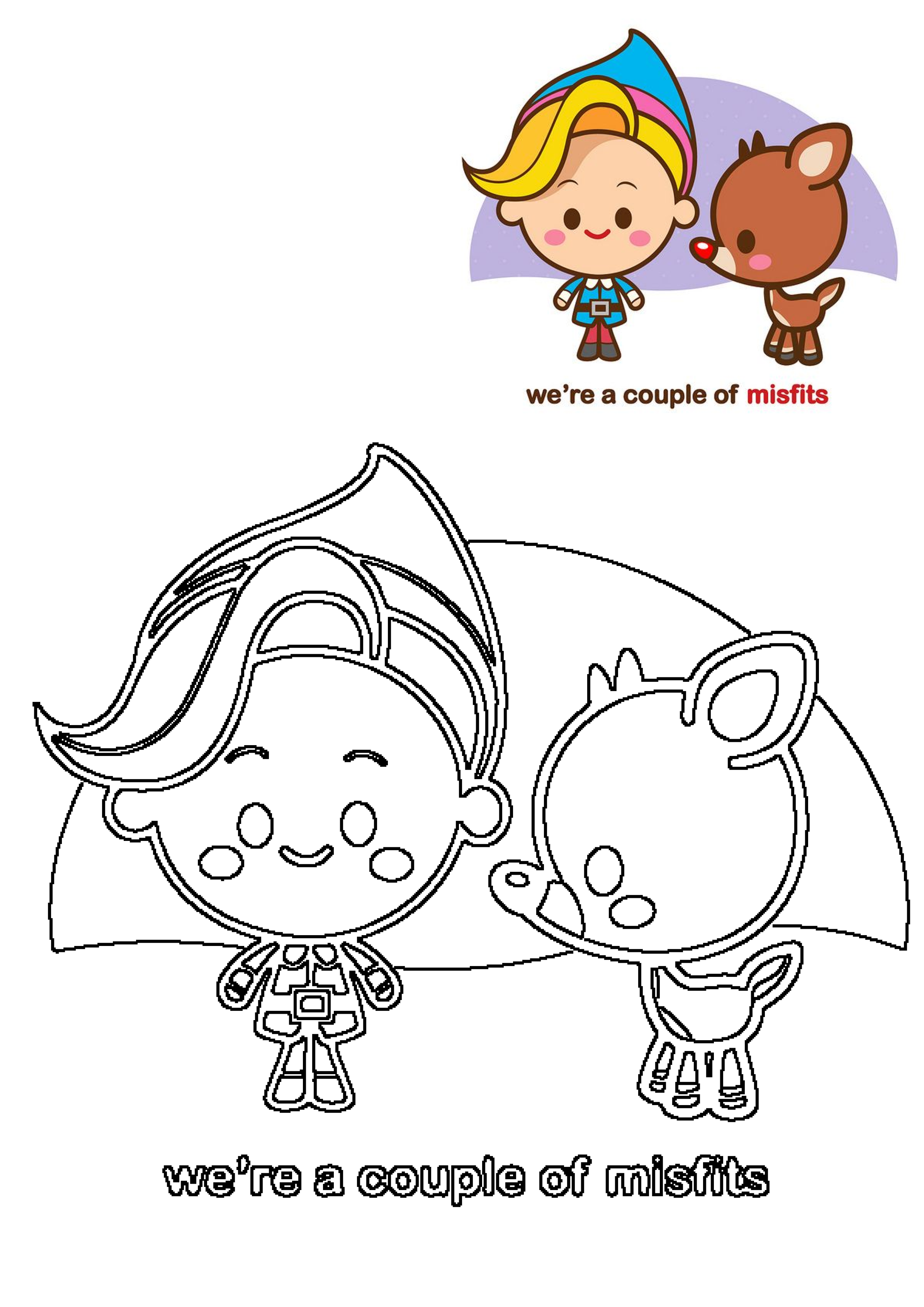 A cute Christmas misfits elf and reindeer illustration, also featuring an outline version for coloring. Text: 'we're a couple of misfits'.