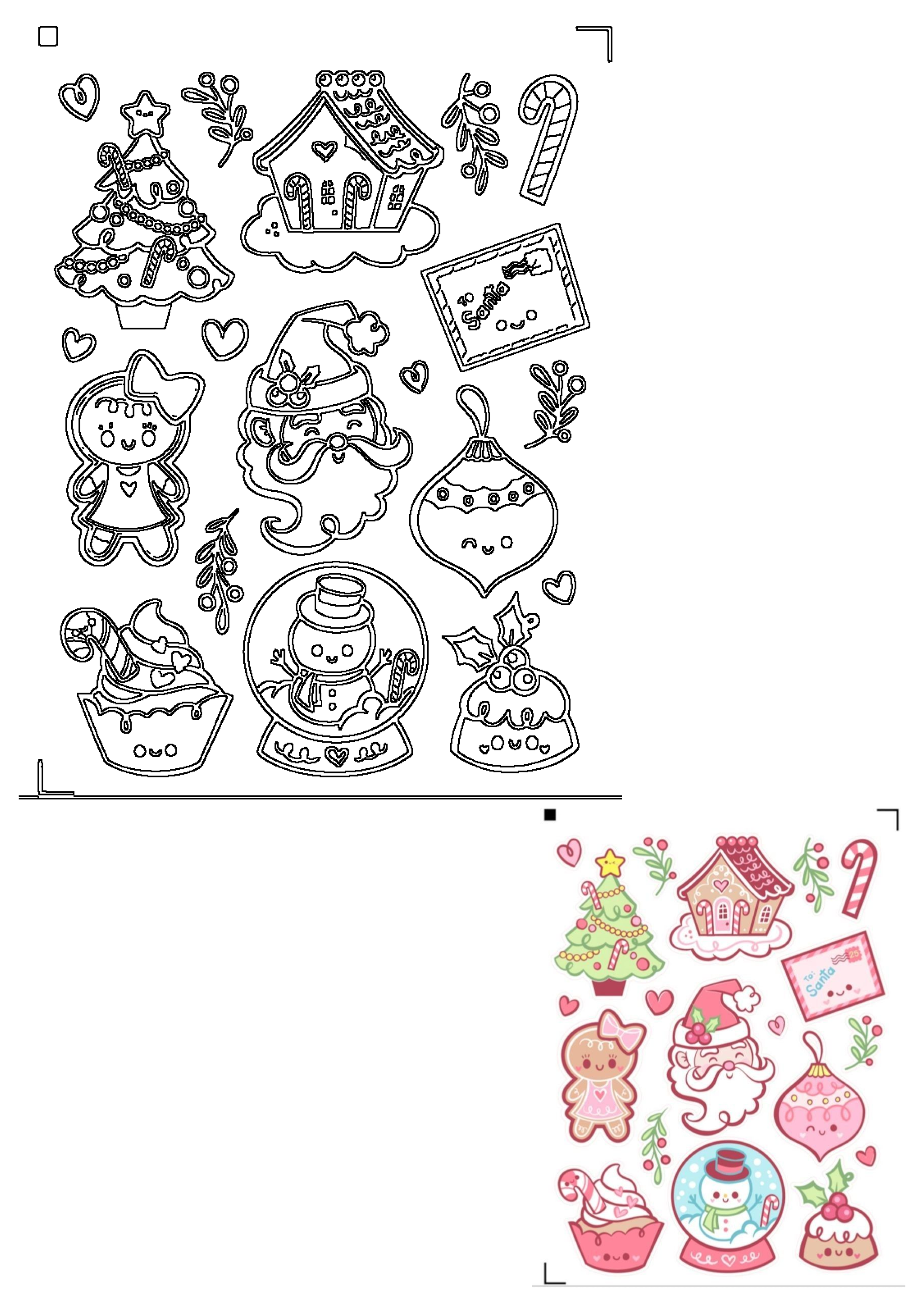 A collection of cute Christmas characters and holiday items including gingerbread, Santa, snowman, festive tree, and treats.