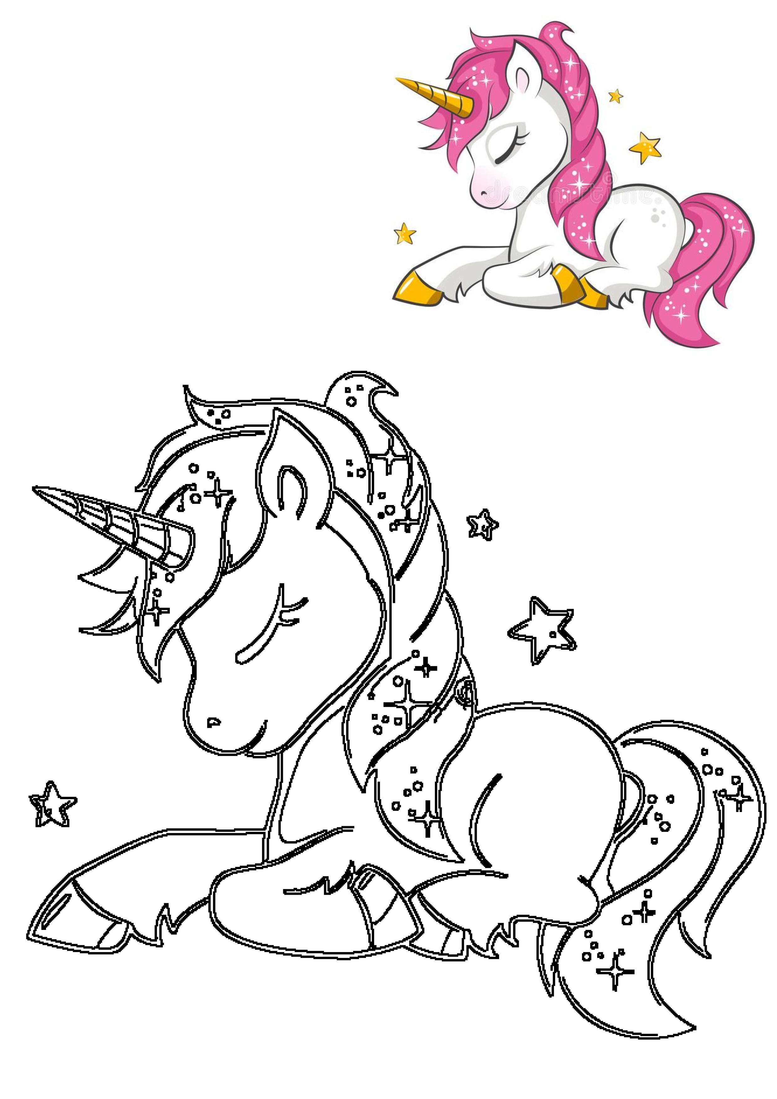 Adorable sleeping unicorn illustration with pink mane, golden horn, and sparkling stars. Perfect for creative fun.