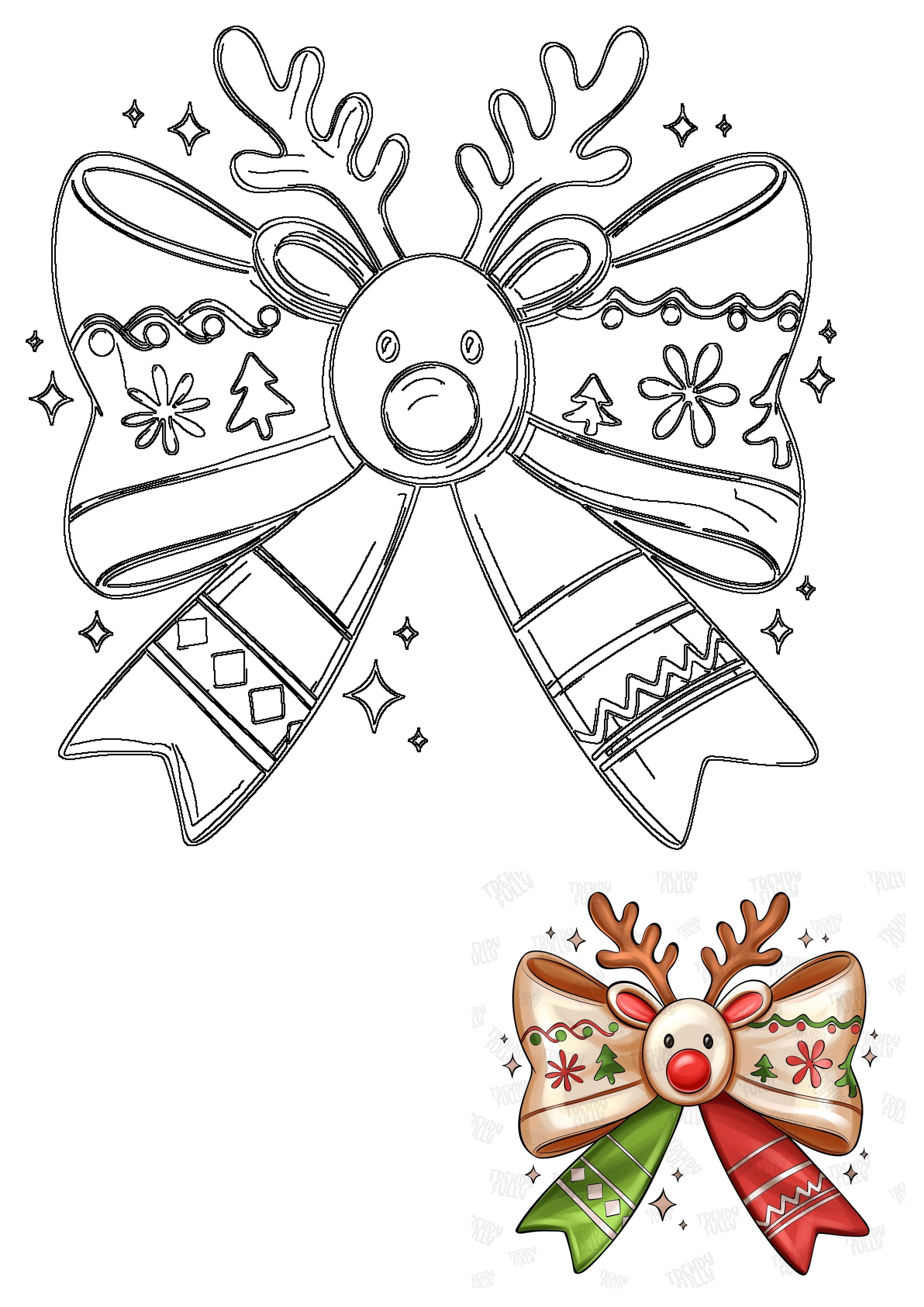 Black and white outline drawing of a festive Christmas bow featuring a reindeer face and antlers, adorned with holiday patterns.