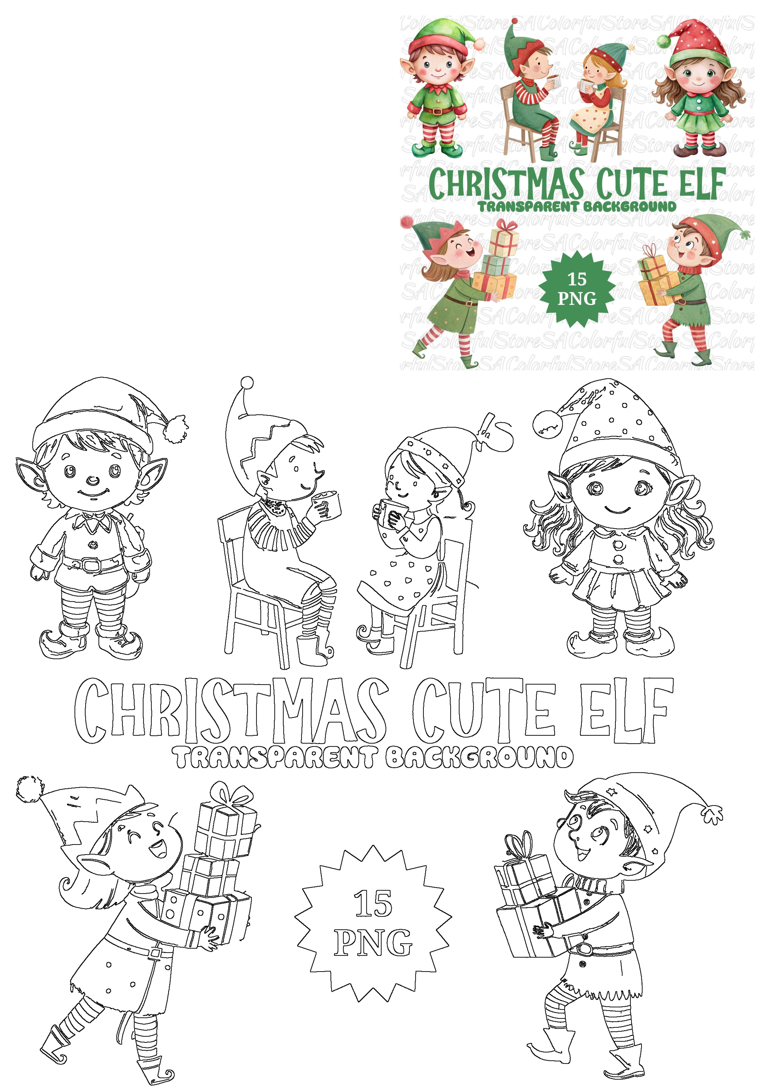 Christmas Cute Elf digital clipart bundle, including colorful and outline PNG illustrations of festive elves for holiday crafts.