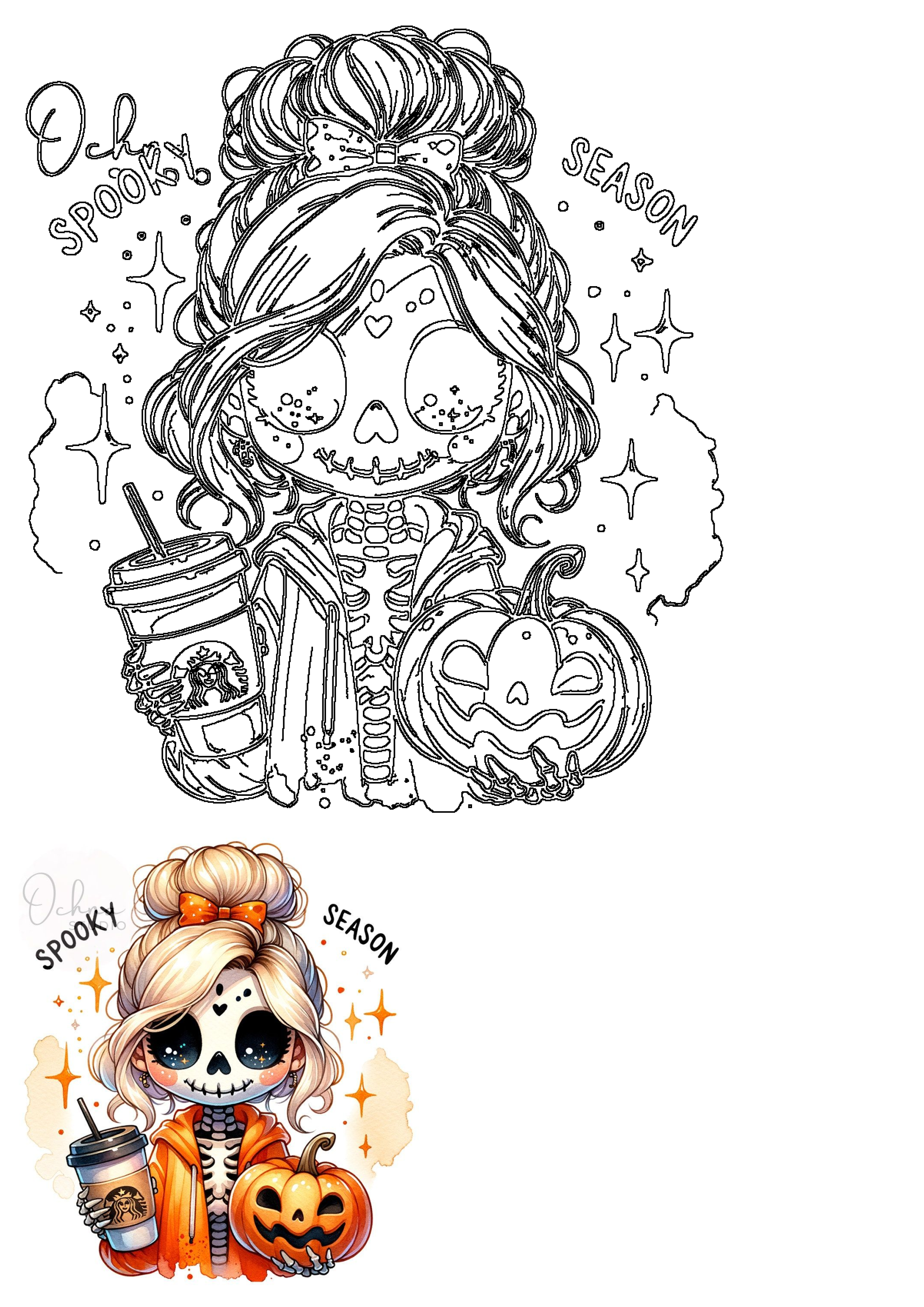 Cute skeleton girl in a Halloween pumpkin costume holding coffee and a jack-o'-lantern. Features 'Ooh Spooky Season' text with a line art and watercolor version.