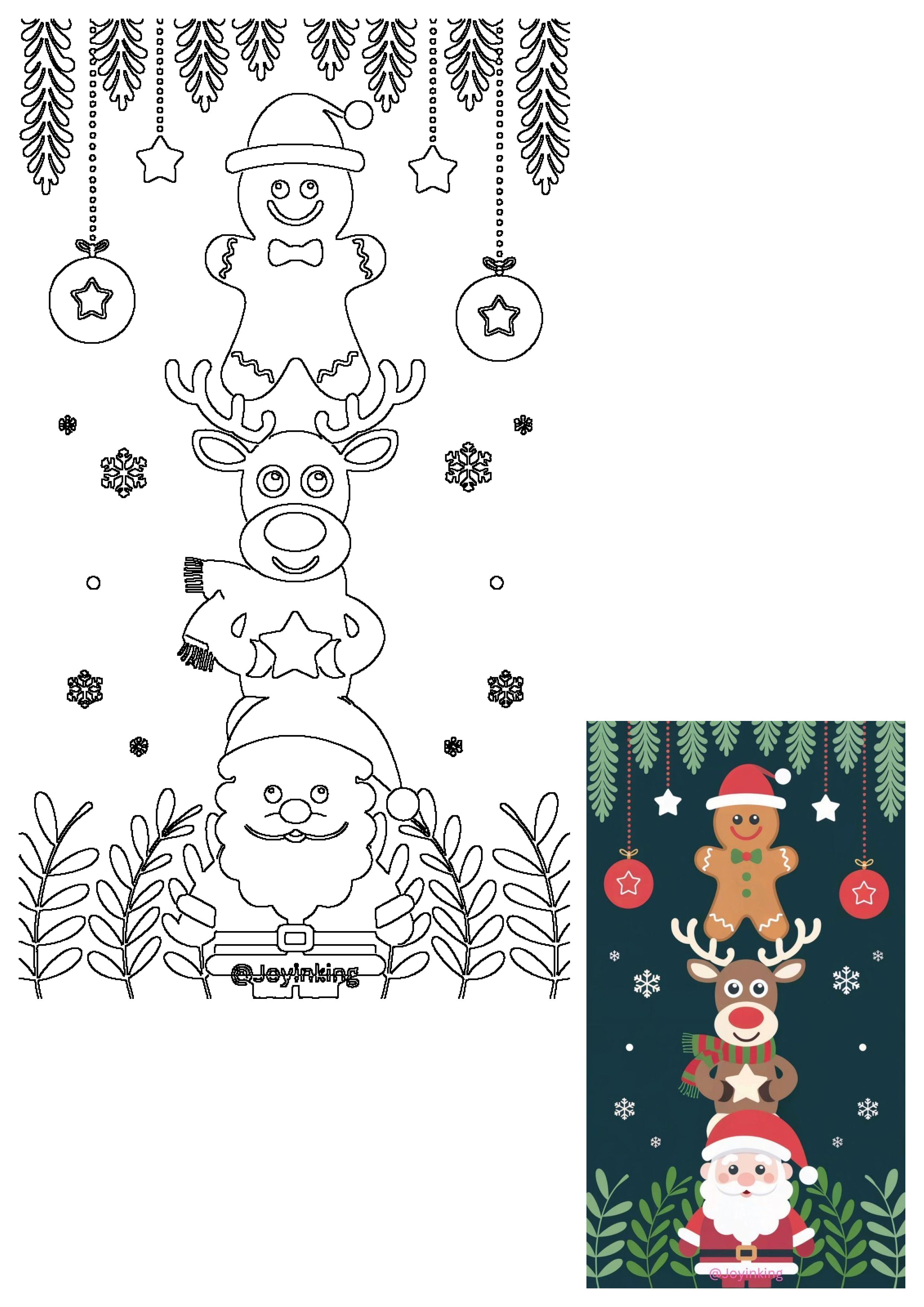 Outline drawing of a fun Christmas character stack with a gingerbread man, reindeer, and Santa Claus, surrounded by festive decorations.