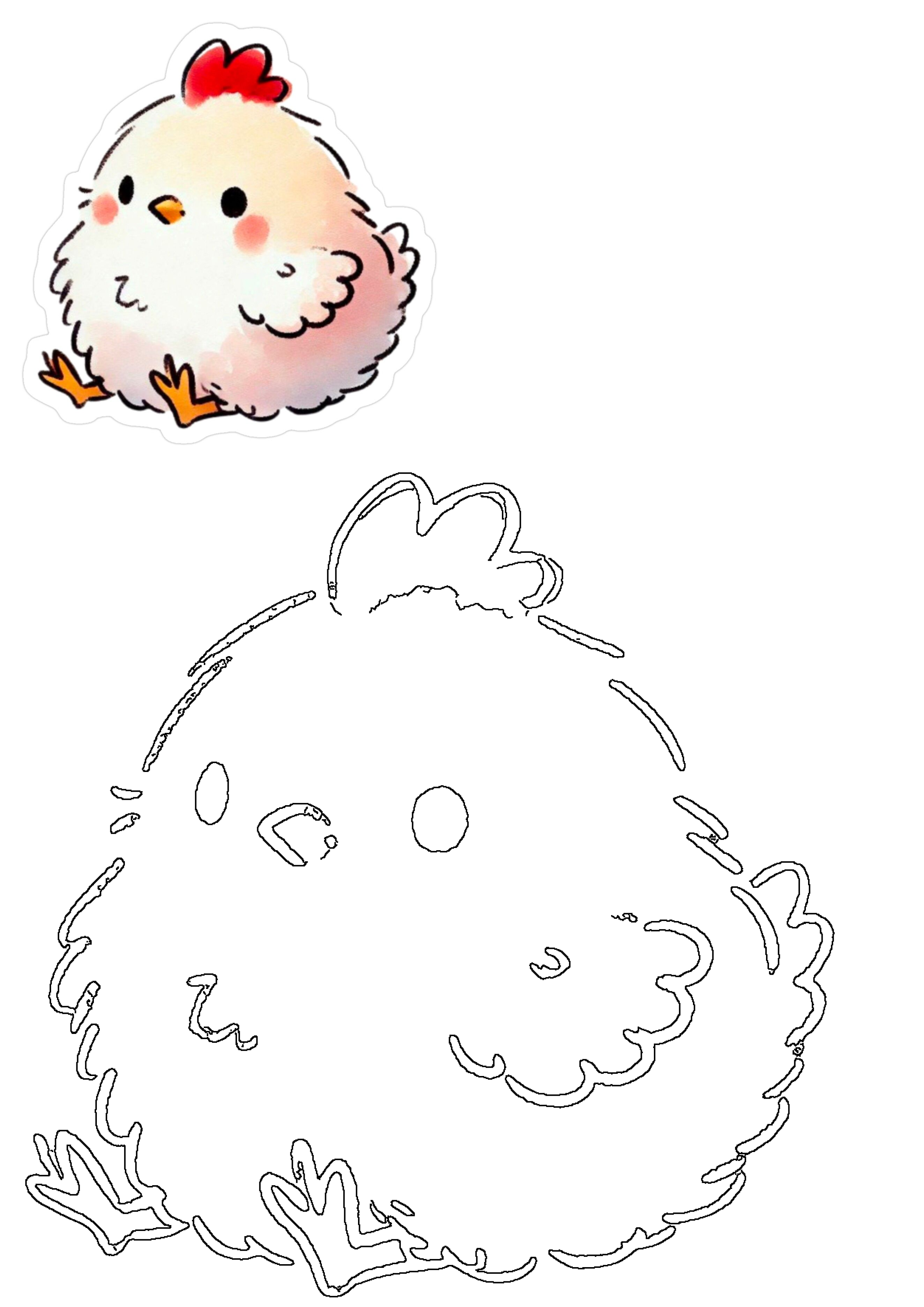 Fluffy white baby chicken sticker design with a cute red comb and orange feet. Includes a line art outline for coloring.