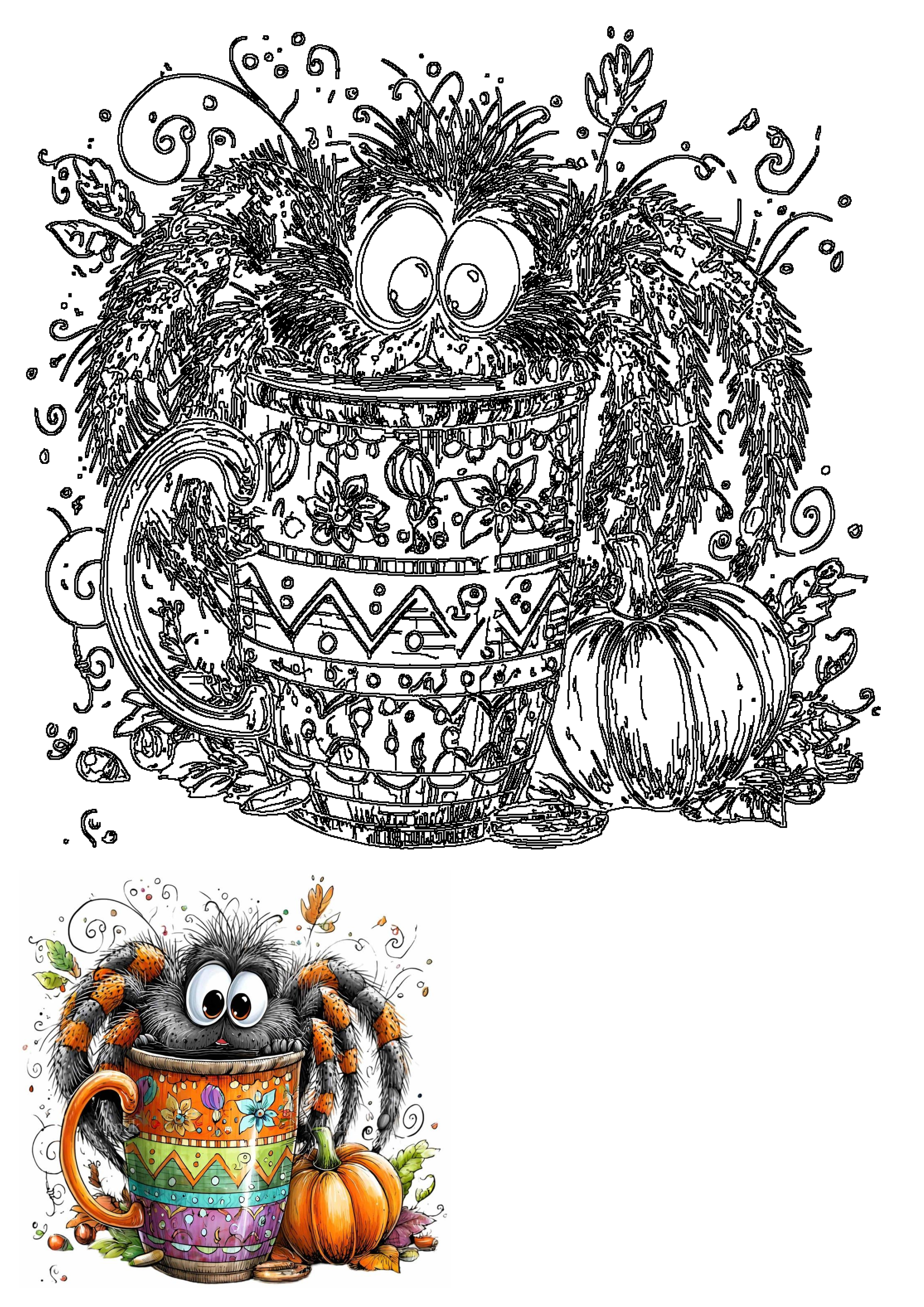 Line art illustration of a cute cartoon spider in a decorative mug with a pumpkin, perfect for autumn and Halloween designs.