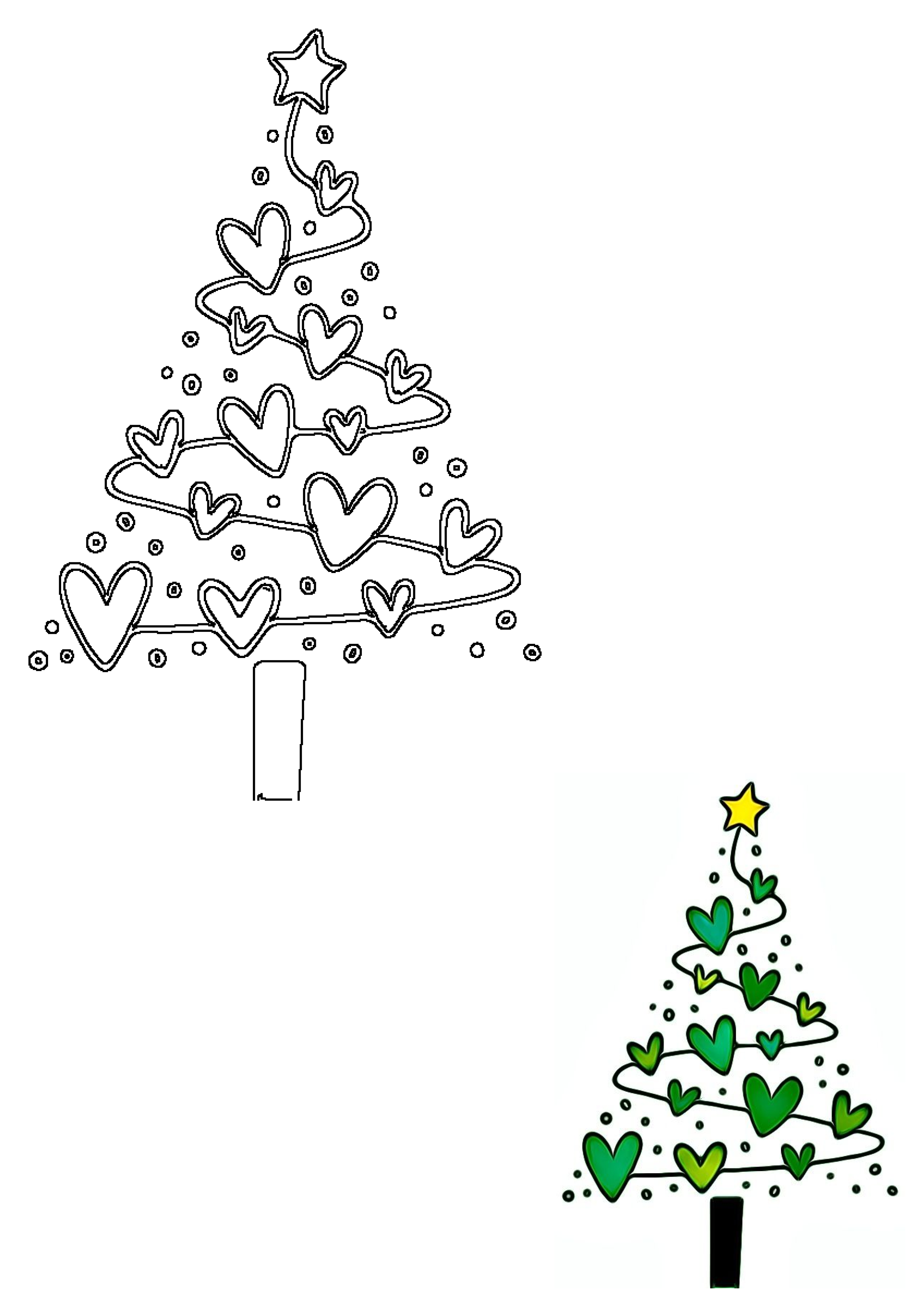 A doodle Christmas tree with outline hearts and a green star. The image includes a colored example showcasing green hearts and a yellow star.