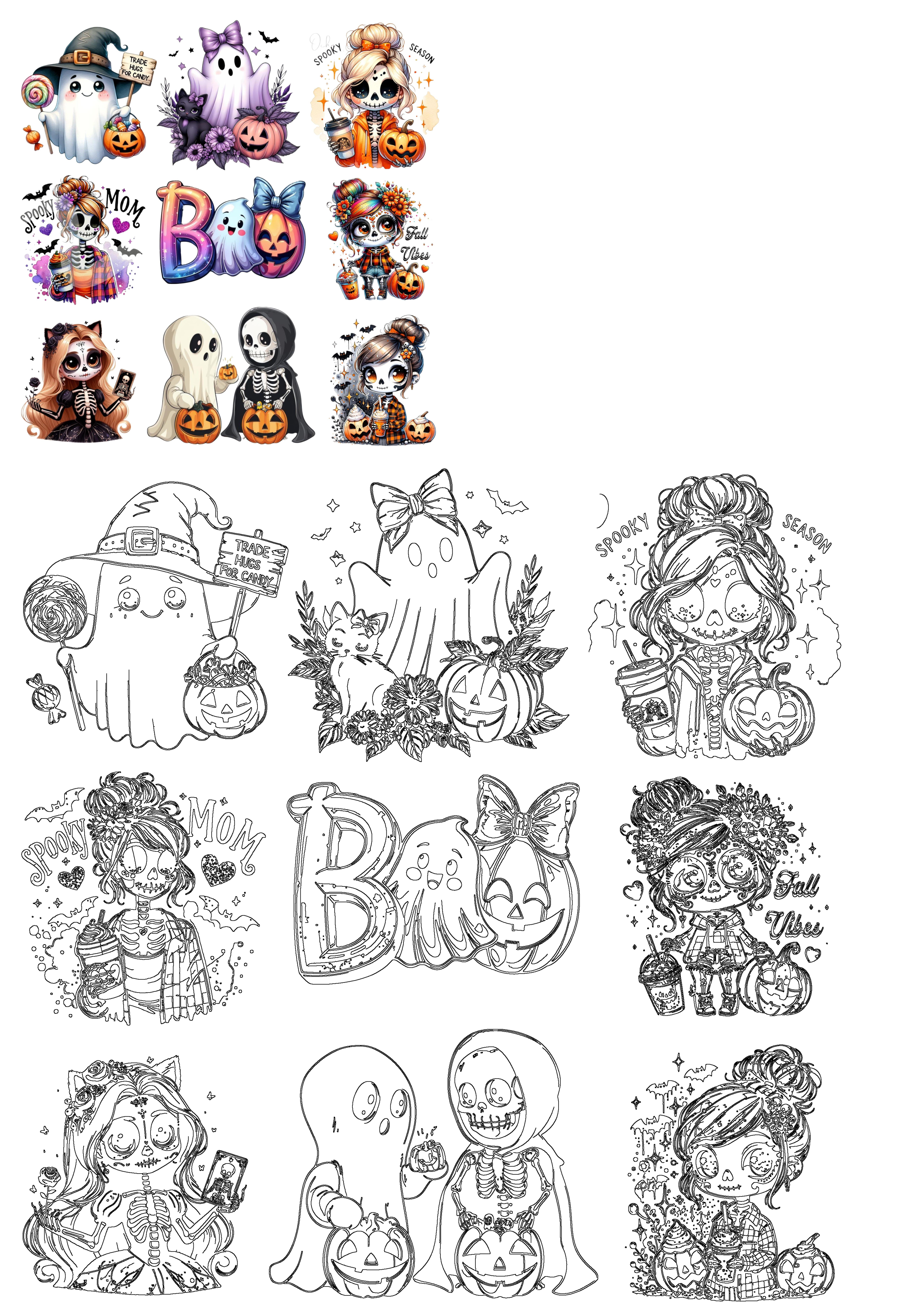 Cute Halloween stickers featuring a variety of spooky designs including ghosts, skeletons, pumpkins, and fall-themed elements.