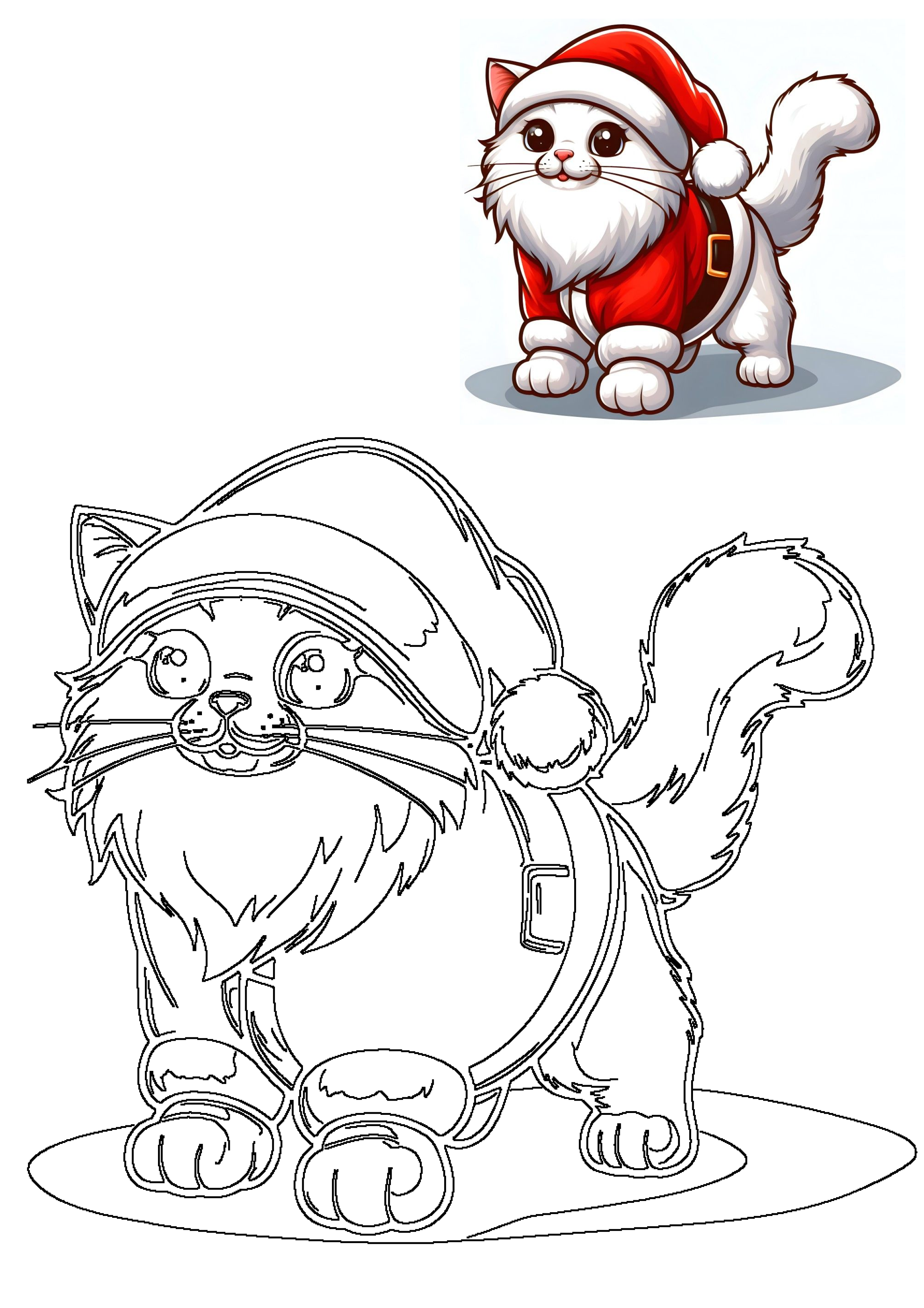 Cute white fluffy cat dressed as Santa Claus in a vibrant cartoon illustration, with a black and white outline below for coloring.