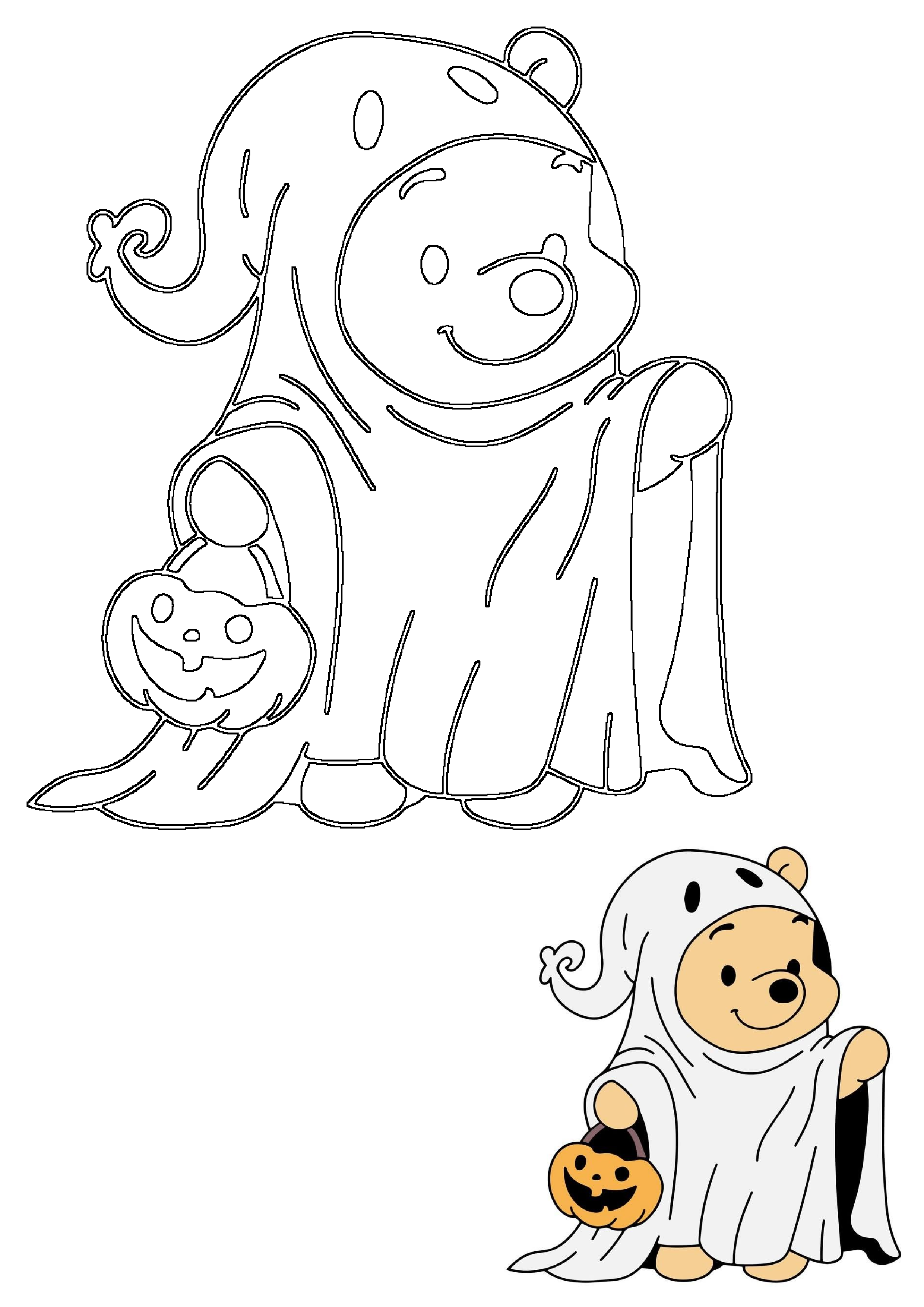 Winnie the Pooh dressed in a ghost Halloween costume, holding a pumpkin trick-or-treat bucket. Both outline and colored versions.