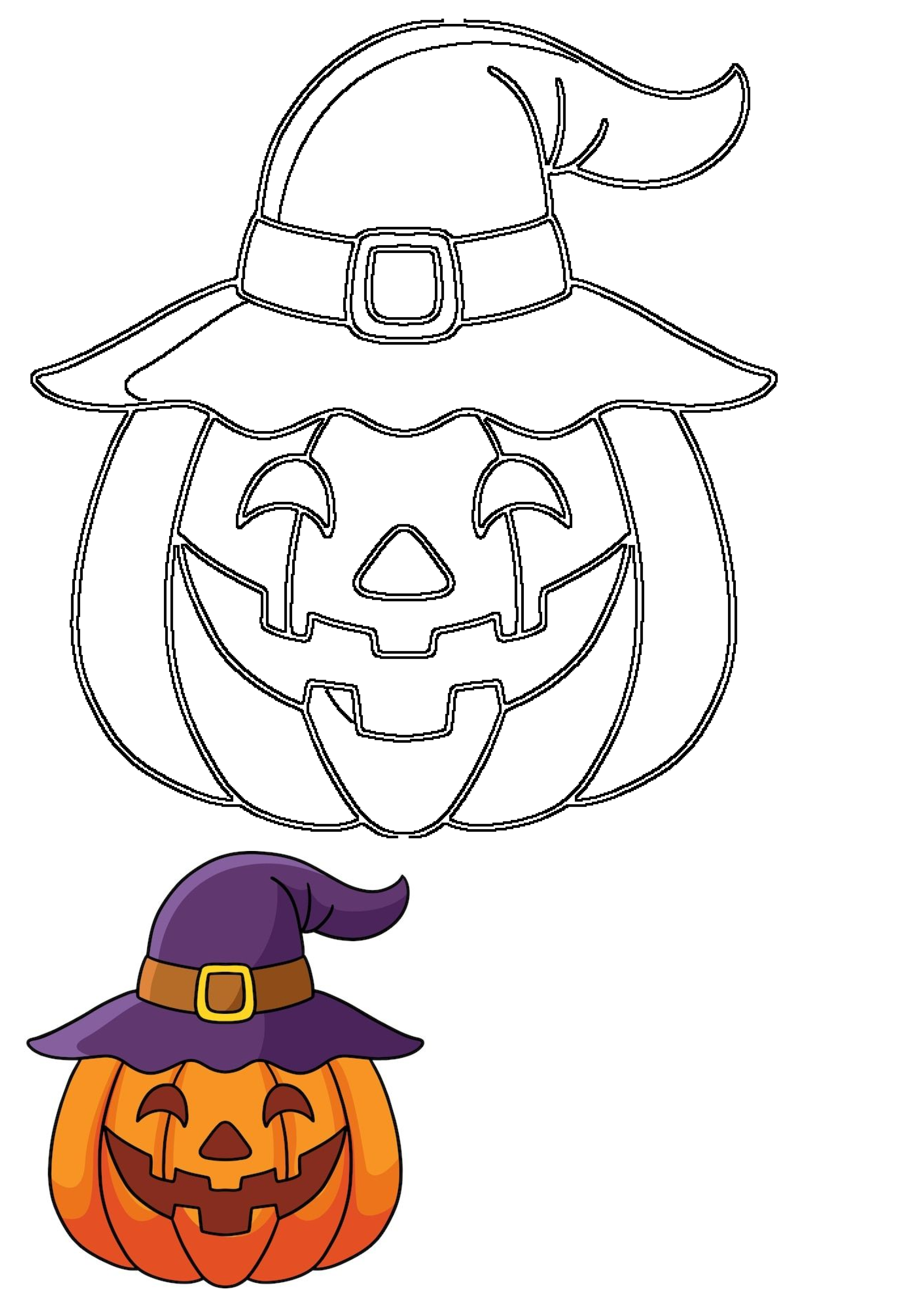 A cheerful cartoon Halloween pumpkin, a jack-o'-lantern, wearing a pointed witch hat. Features both outline and colored versions.