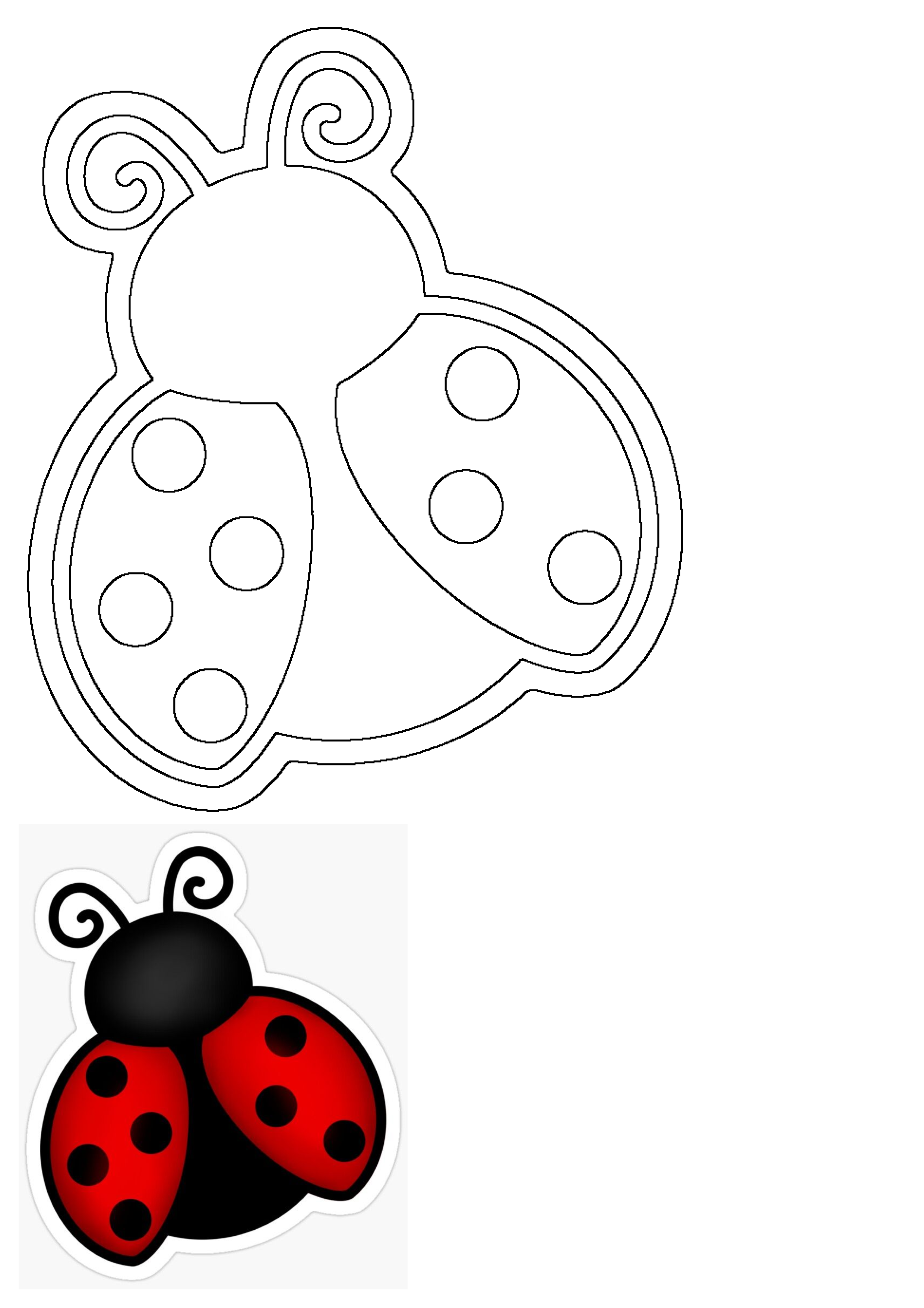 A vibrant red and black lucky ladybug sticker next to its black outline drawing template for crafts or creative projects.