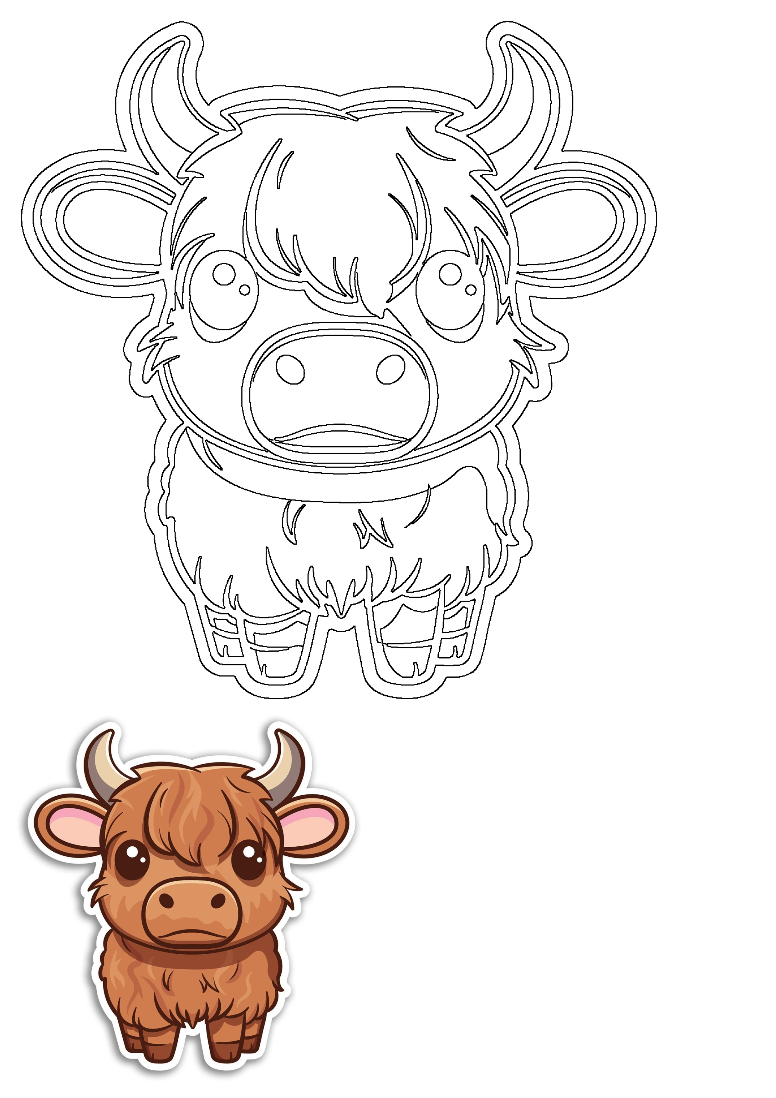 Cute cartoon Highland cow sticker featuring a fluffy brown calf with adorable eyes and small horns, including a cut outline.