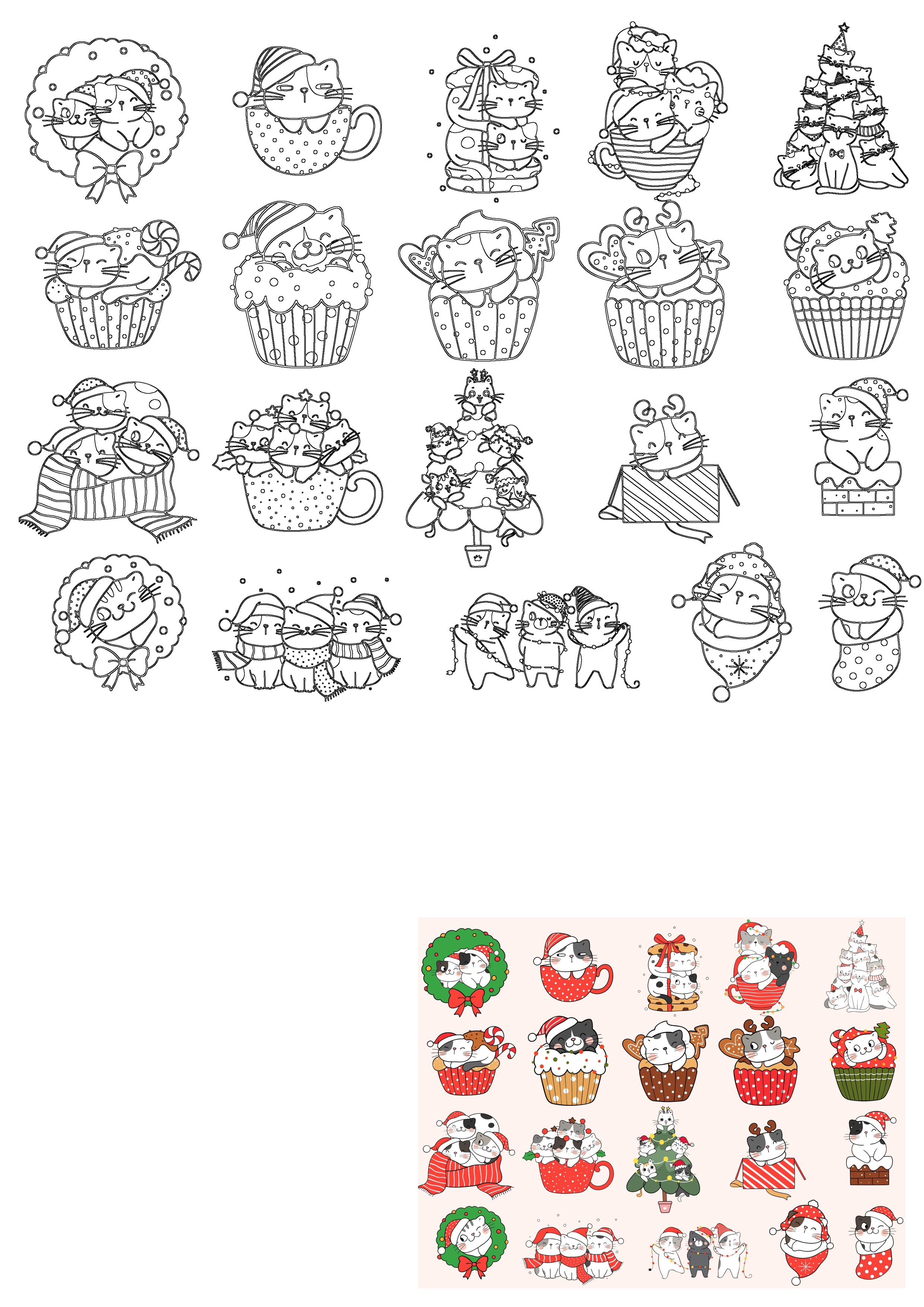 Cute Christmas cat illustrations featuring felines in Santa hats, wreaths, cupcakes, mugs, scarves, stockings, and a Christmas tree.