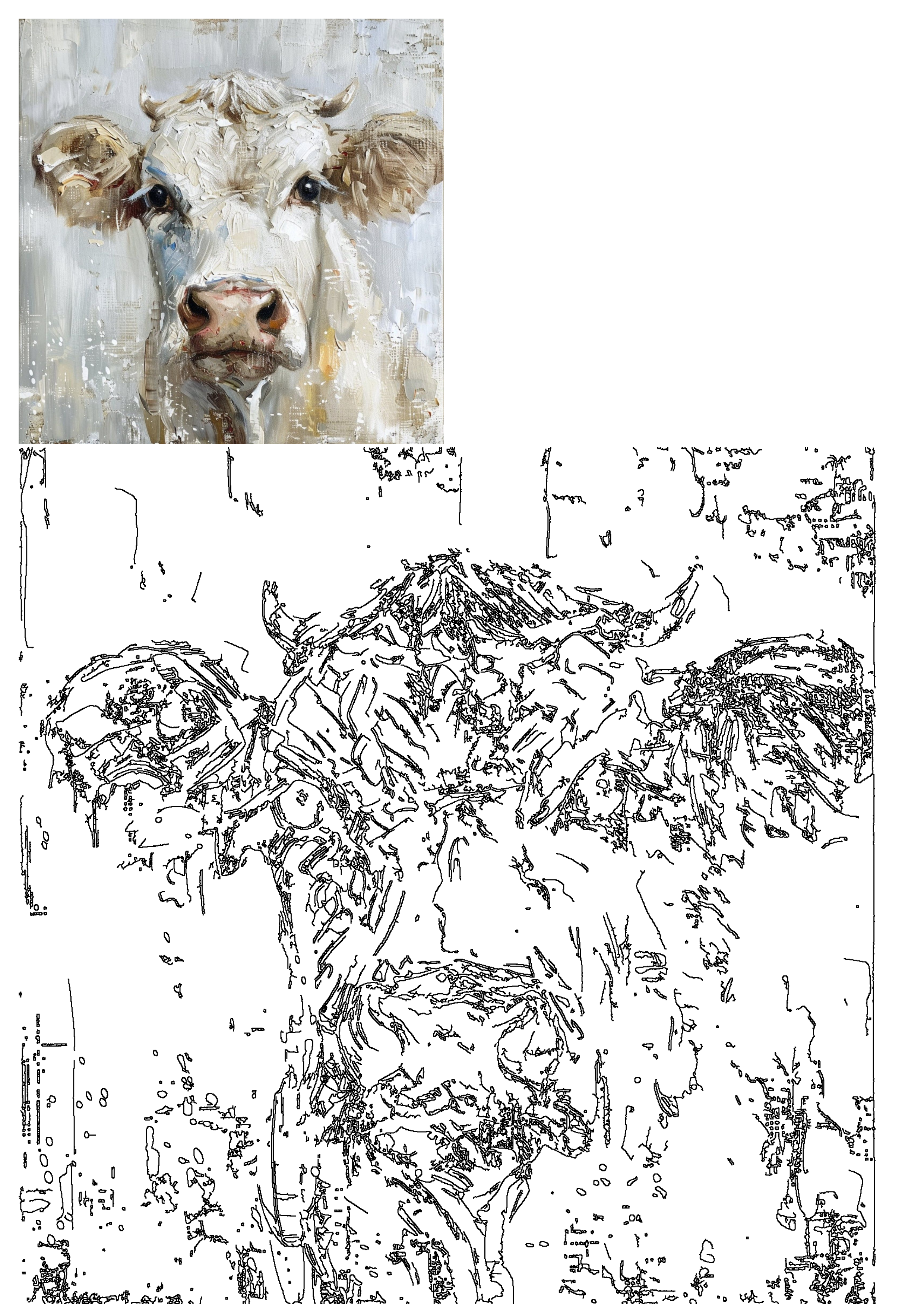 Charming white cow oil painting features thick impasto brushstrokes, perfect rustic farmhouse kitchen decor accent.